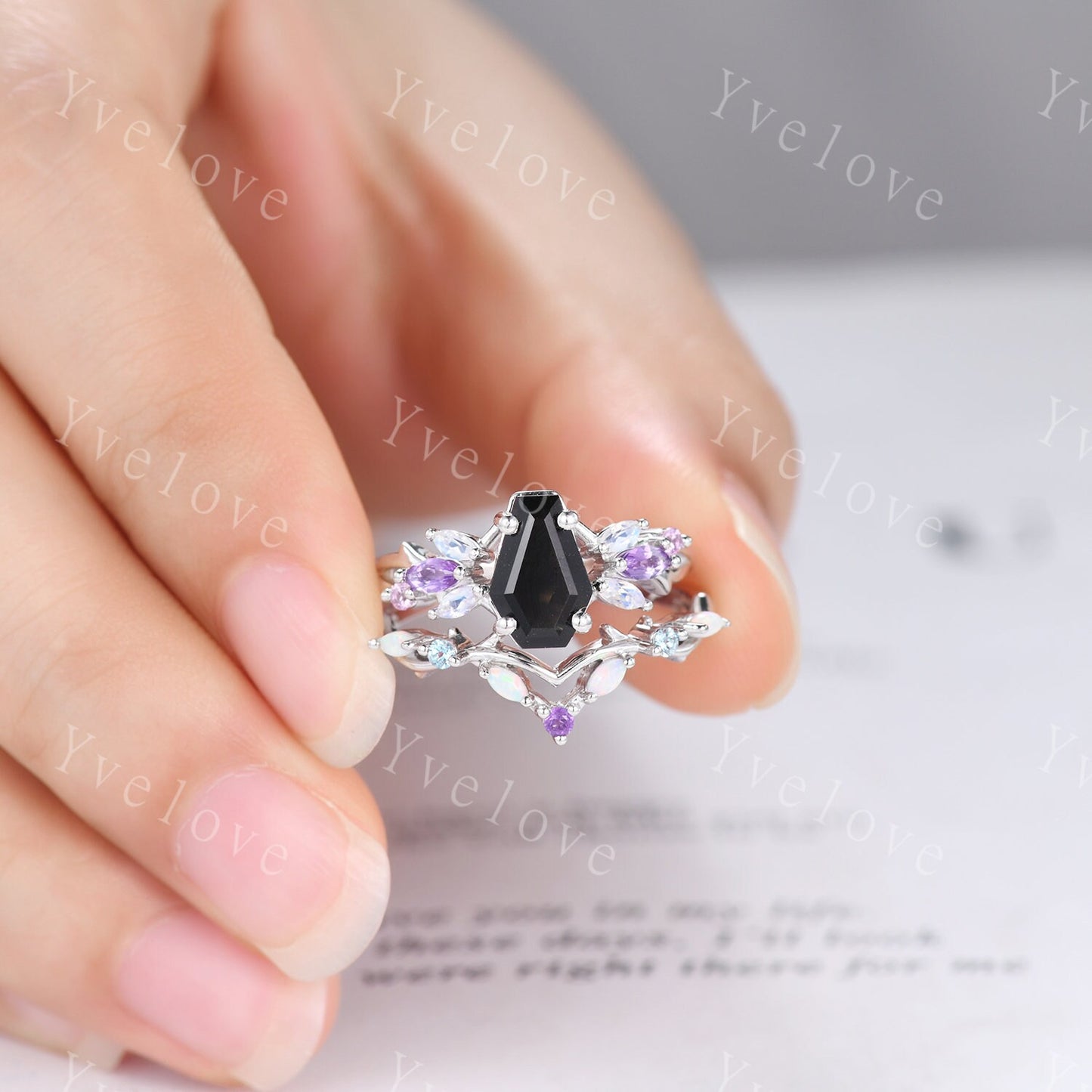 Vintage Coffin Black Onyx Engagement Ring Set,White Gold,Vines Amethyst Moonstone Ring,Women Bridal Set,Retro Anniversary Promise Ring Gift