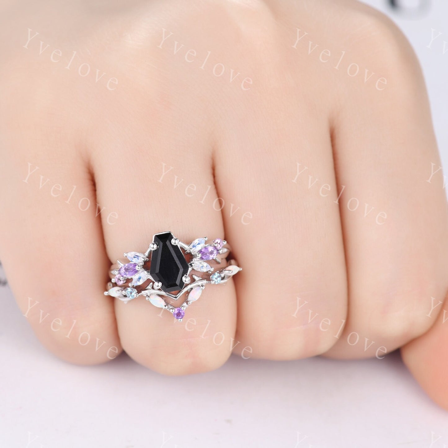 Vintage Coffin Black Onyx Engagement Ring Set,White Gold,Vines Amethyst Moonstone Ring,Women Bridal Set,Retro Anniversary Promise Ring Gift