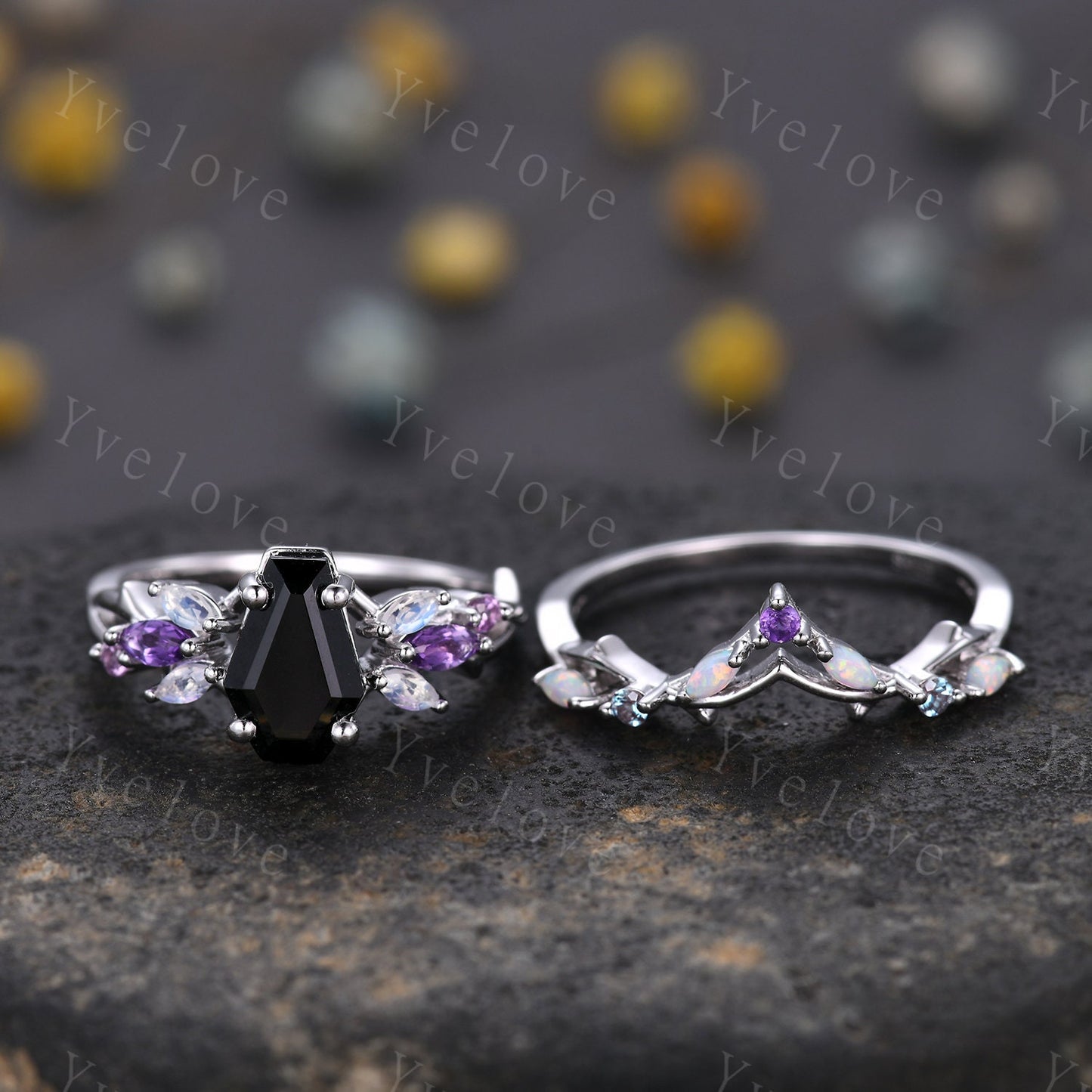 Vintage Coffin Black Onyx Engagement Ring Set,White Gold,Vines Amethyst Moonstone Ring,Women Bridal Set,Retro Anniversary Promise Ring Gift