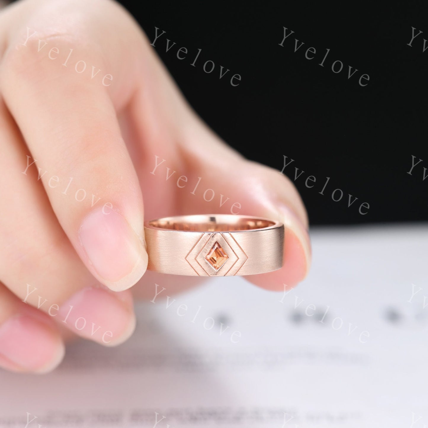 7mm Mens Kite Cut Orange Sapphire Wedding Band Sapphire Engagement Ring Rose Gold Brushed Finish Band Mens Stacking Band His Wedding band