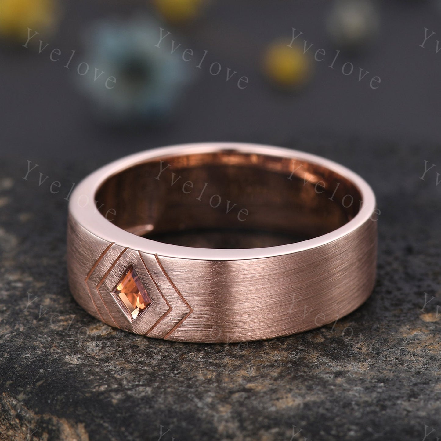 7mm Mens Kite Cut Orange Sapphire Wedding Band Sapphire Engagement Ring Rose Gold Brushed Finish Band Mens Stacking Band His Wedding band