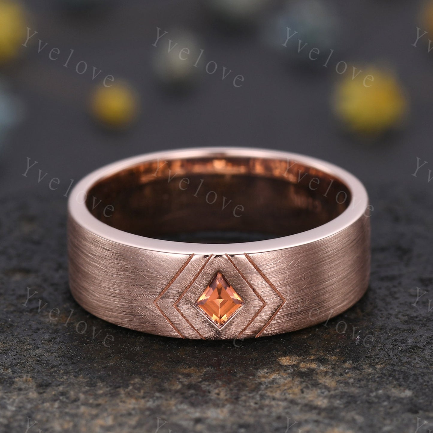 7mm Mens Kite Cut Orange Sapphire Wedding Band Sapphire Engagement Ring Rose Gold Brushed Finish Band Mens Stacking Band His Wedding band