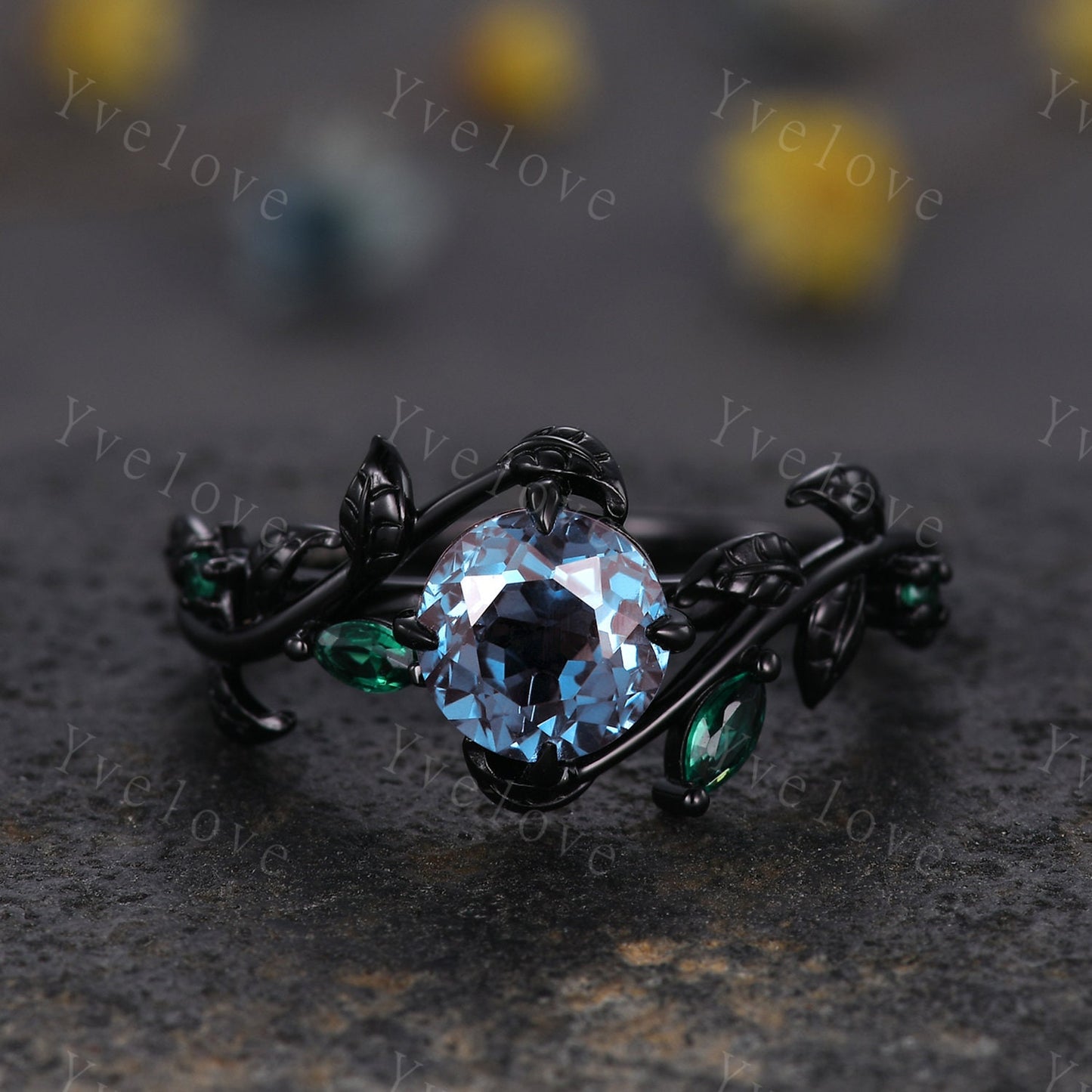 Vintage Round Alexandrite Engagement Ring,Black Gold,Leaf Peridot Amethyst Ring,Women Bridal Set,Unique Nature Inspired Promise Ring Gift