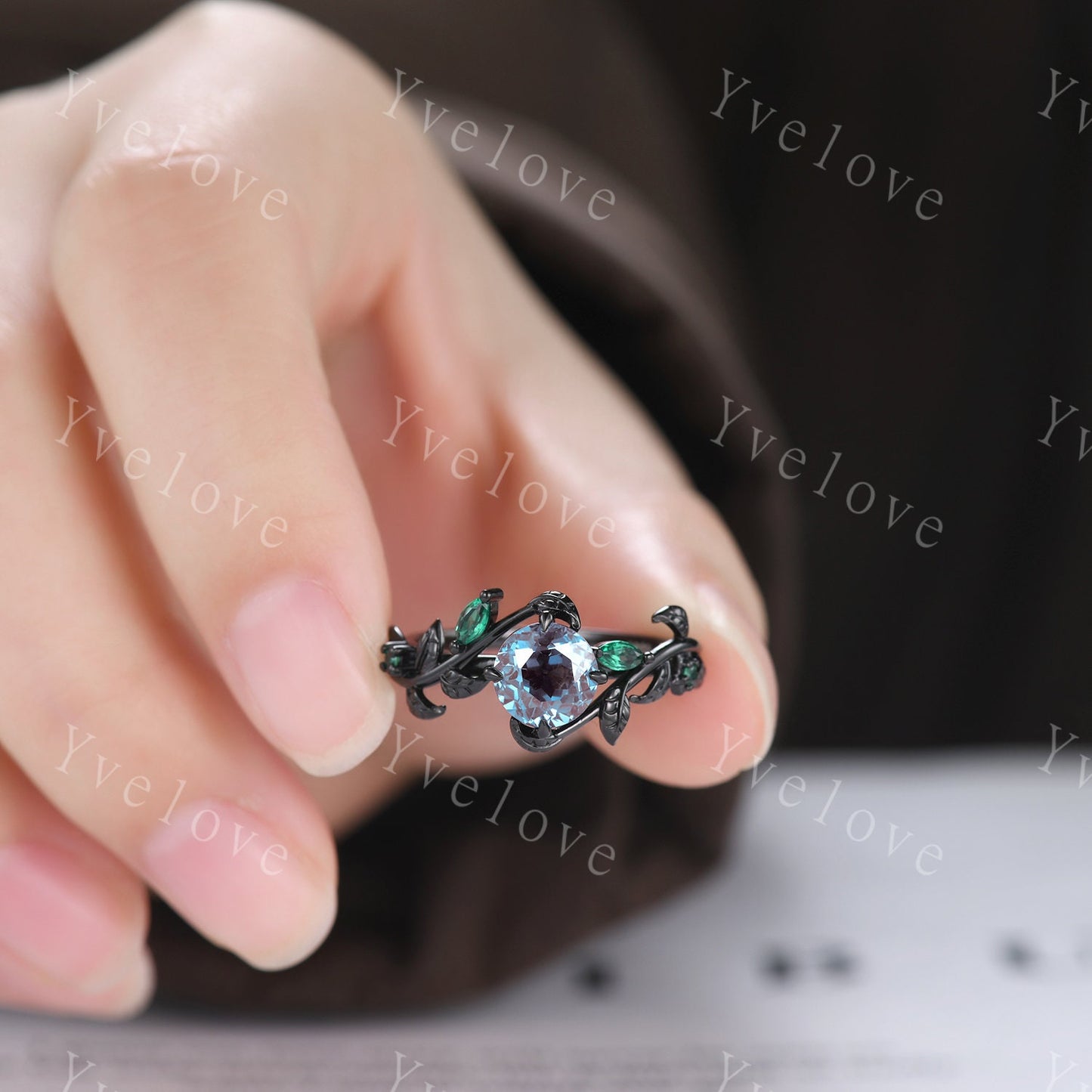 Vintage Round Alexandrite Engagement Ring,Black Gold,Leaf Peridot Amethyst Ring,Women Bridal Set,Unique Nature Inspired Promise Ring Gift