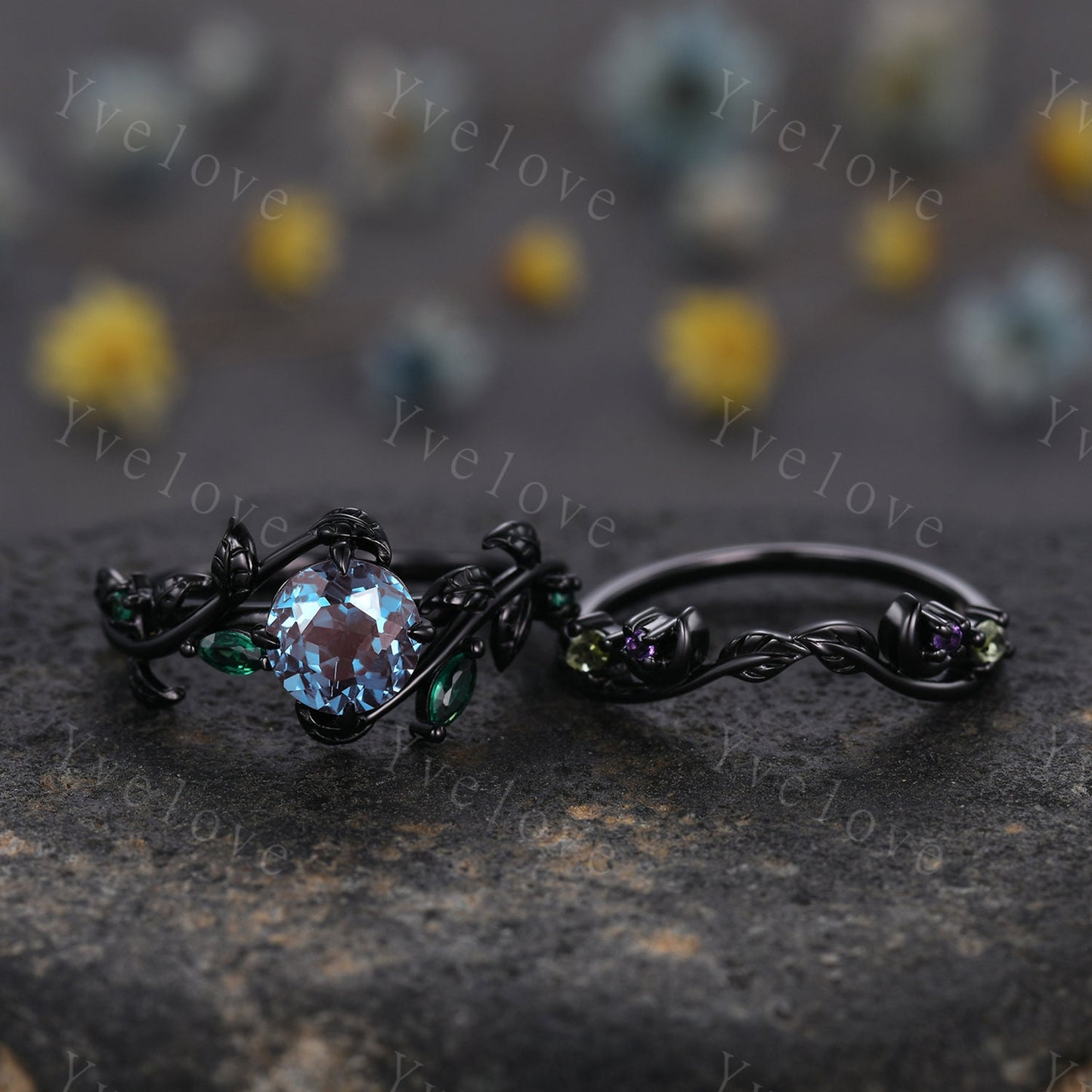 Vintage Round Alexandrite Engagement Ring,Black Gold,Leaf Peridot Amethyst Ring,Women Bridal Set,Unique Nature Inspired Promise Ring Gift