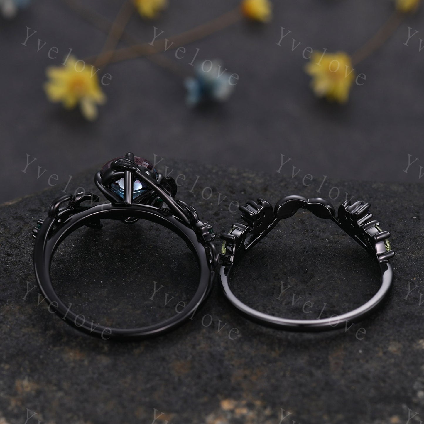 Vintage Firework Alexandrite Engagement Ring,Black Gold,Leaf Peridot Amethyst Ring,Women Bridal Set,Unique Promise Ring Anniversary Gift