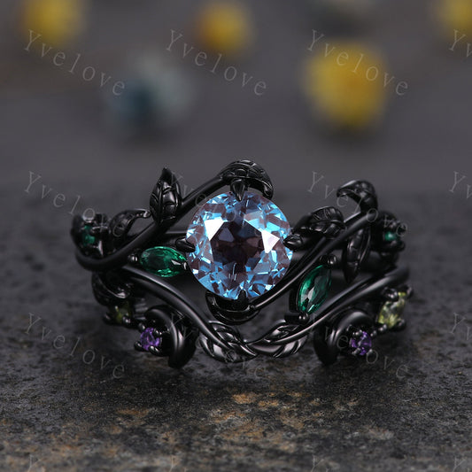 Vintage Round Alexandrite Engagement Ring,Black Gold,Leaf Peridot Amethyst Ring,Women Bridal Set,Unique Nature Inspired Promise Ring Gift