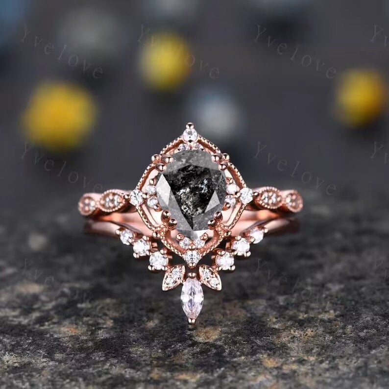 5x7mm Vintage Salt Pepper Diamond Engagement Ring,Teardrop Diamond Ring Set,14K Gold Ring,Unique Women Promise Ring For Her,Handmade Gift
