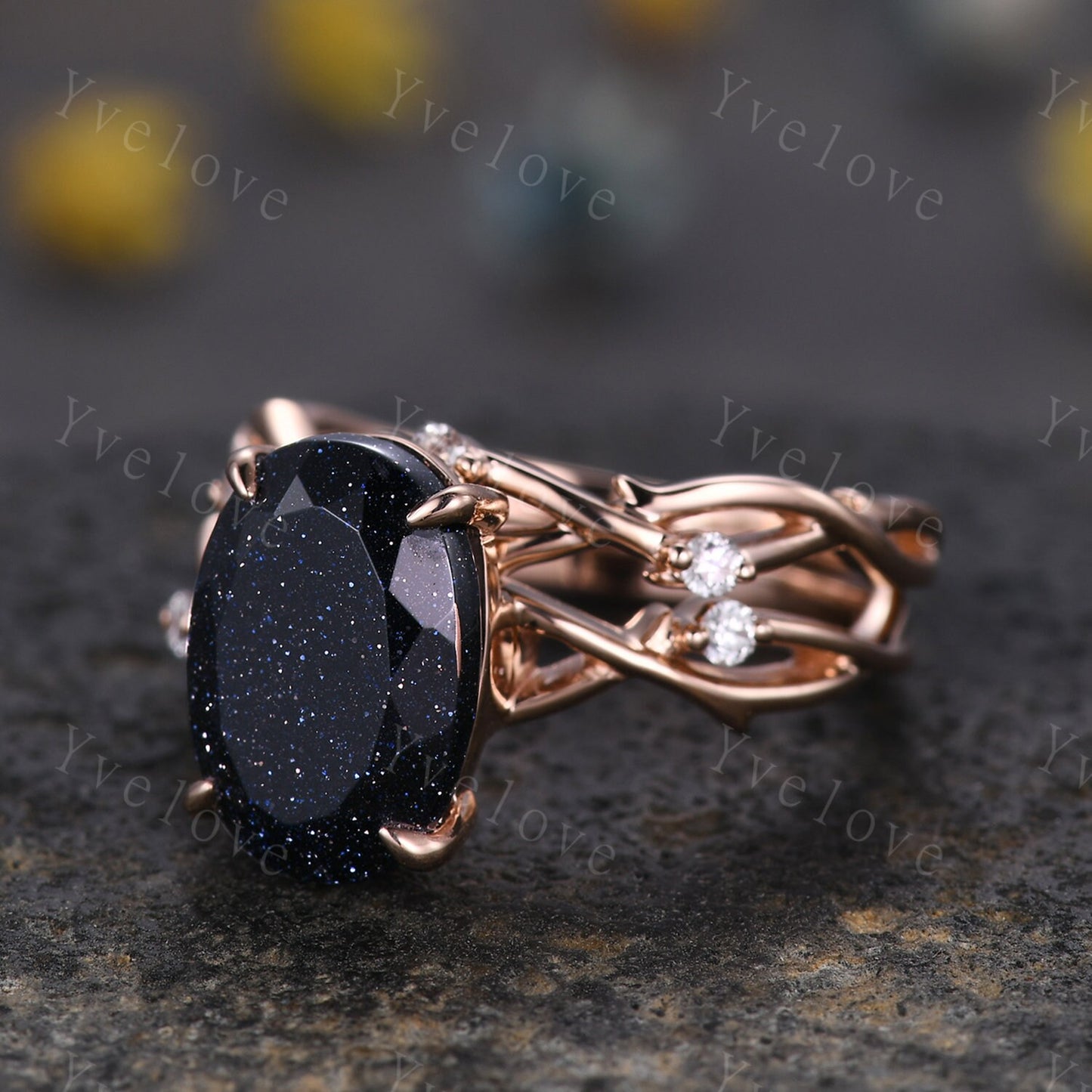 12x8mm Oval Cut Twig Blue Sandstone Engagement Ring Set,14k Rose Gold,Galaxy Vintage Unique Promise Ring Set Gift For Women Statement Ring