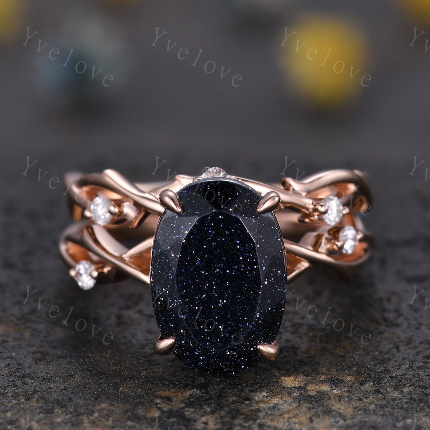 12x8mm Oval Cut Twig Blue Sandstone Engagement Ring Set,14k Rose Gold,Galaxy Vintage Unique Promise Ring Set Gift For Women Statement Ring