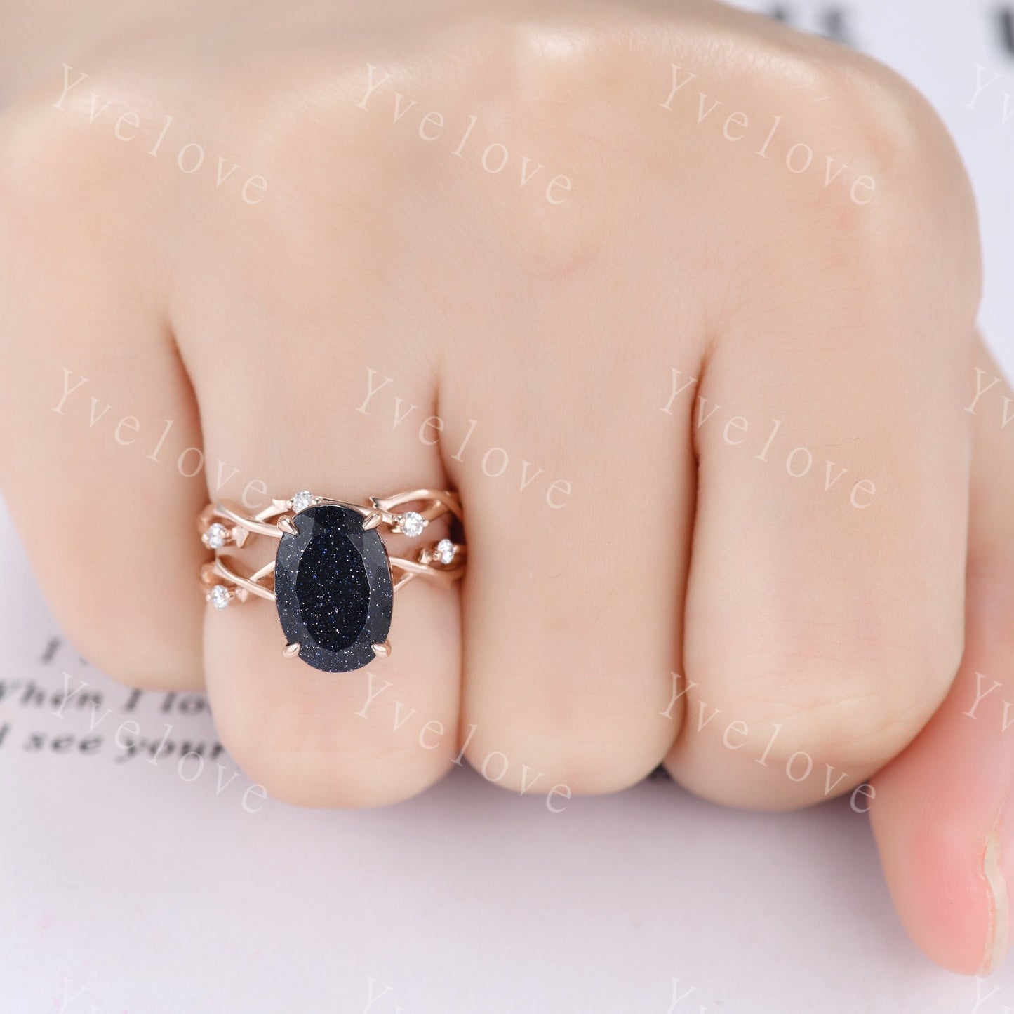 12x8mm Oval Cut Twig Blue Sandstone Engagement Ring,14k Rose Gold,Diamond Galaxy Vintage Unique Promise Ring Gift For Women Statement Ring