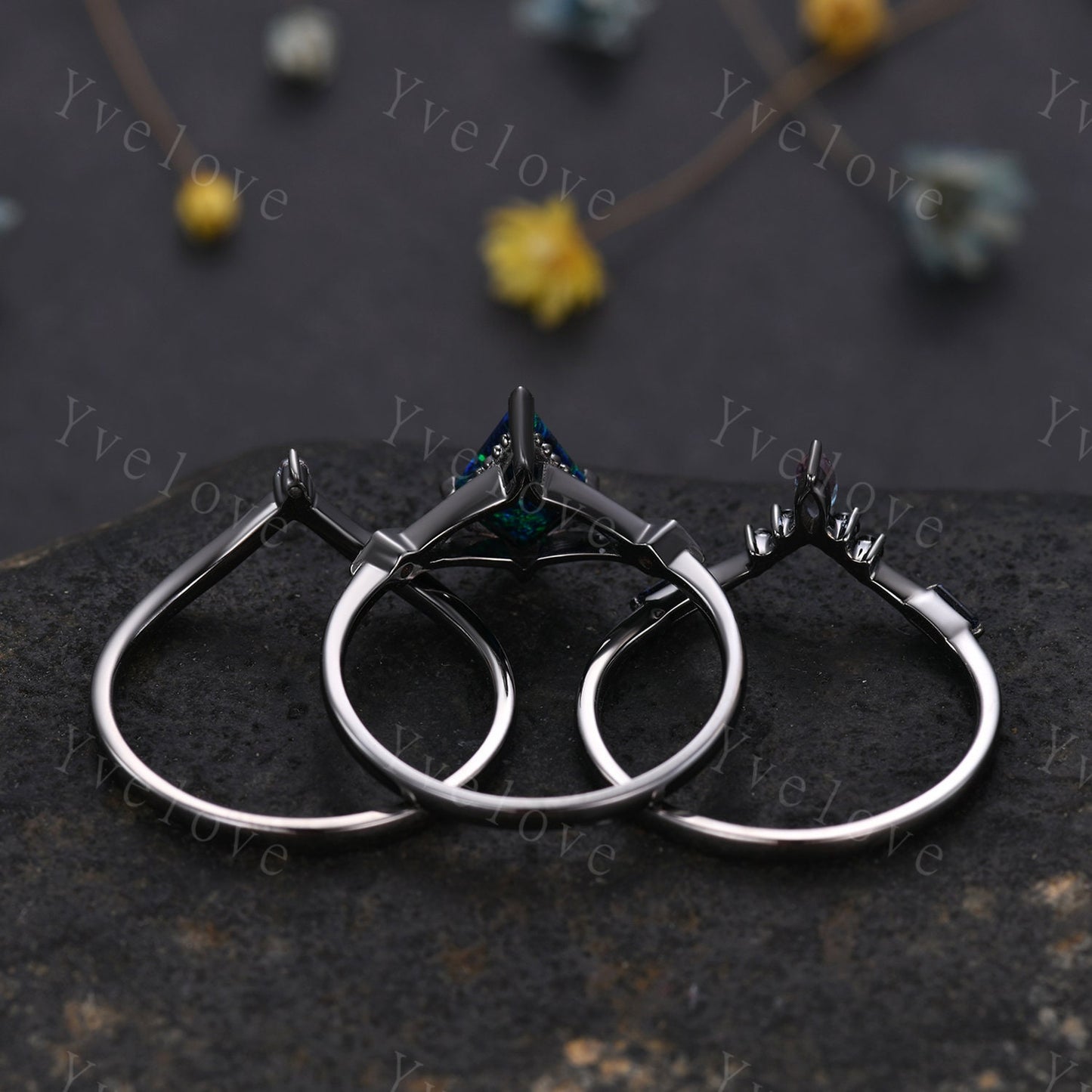 3PCS Vintage kite cut black opal engagement ring,garnet alexandrite ring,baguette sandstone,silver black ring,gothic unique ring set gift