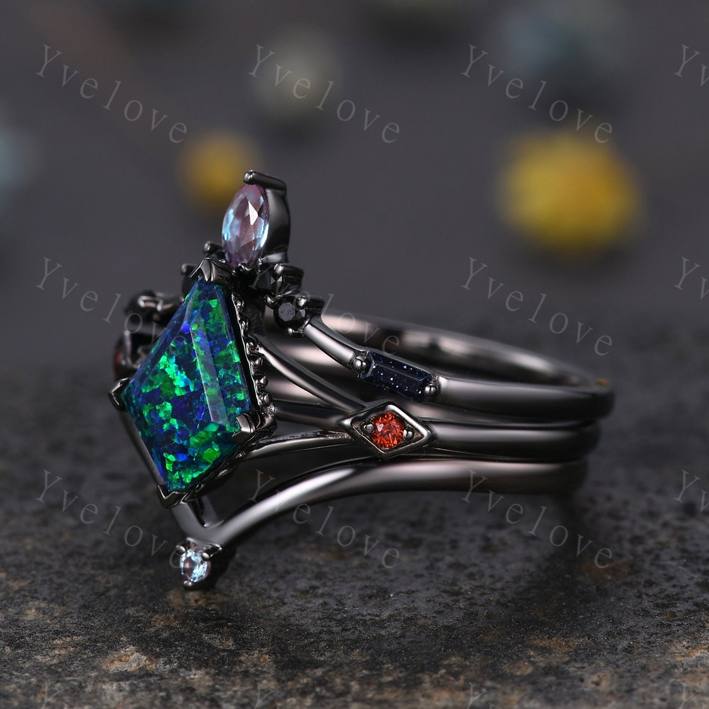3PCS Vintage kite cut black opal engagement ring,garnet alexandrite ring,baguette sandstone,silver black ring,gothic unique ring set gift