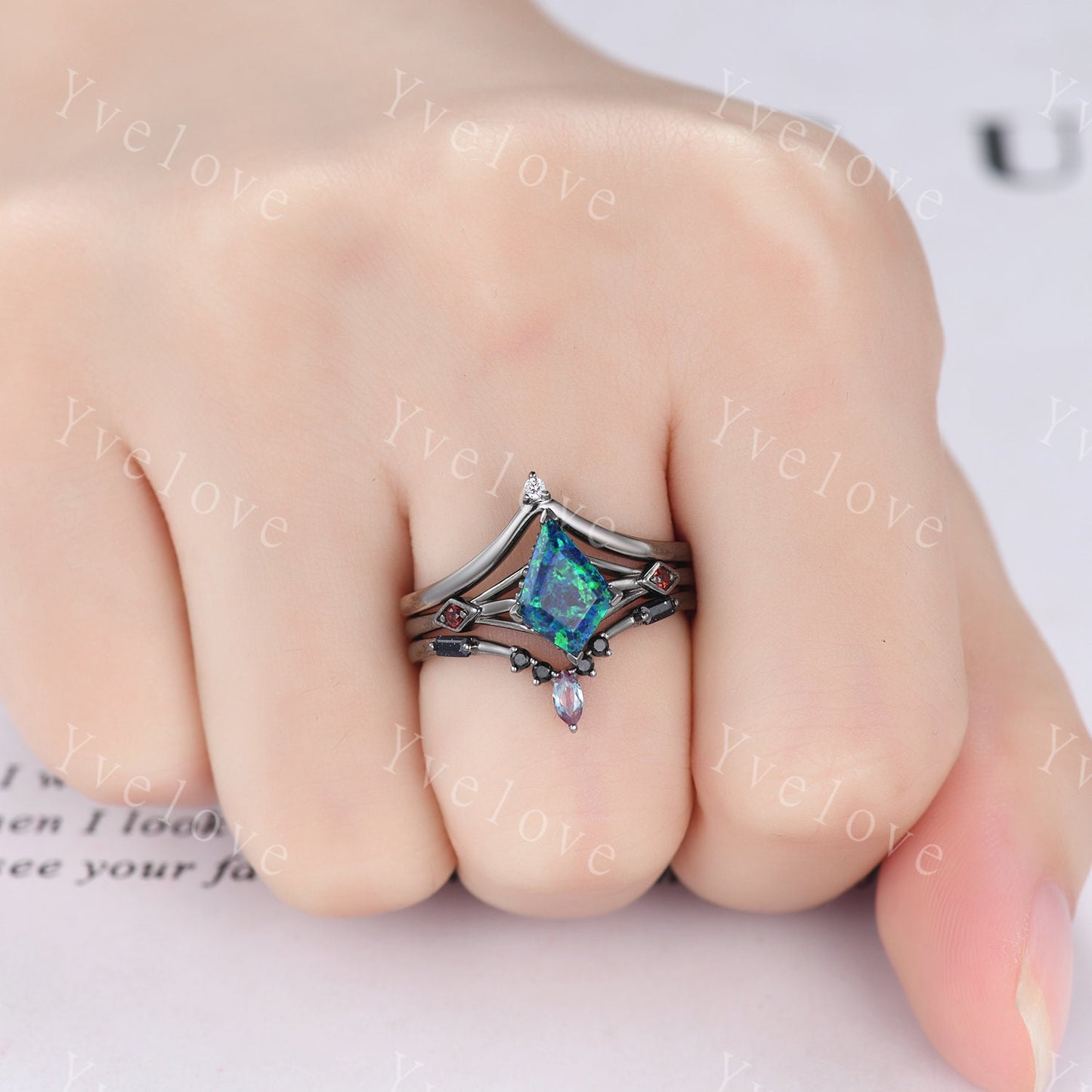 3PCS Vintage kite cut black opal engagement ring,garnet alexandrite ring,baguette sandstone,silver black ring,gothic unique ring set gift
