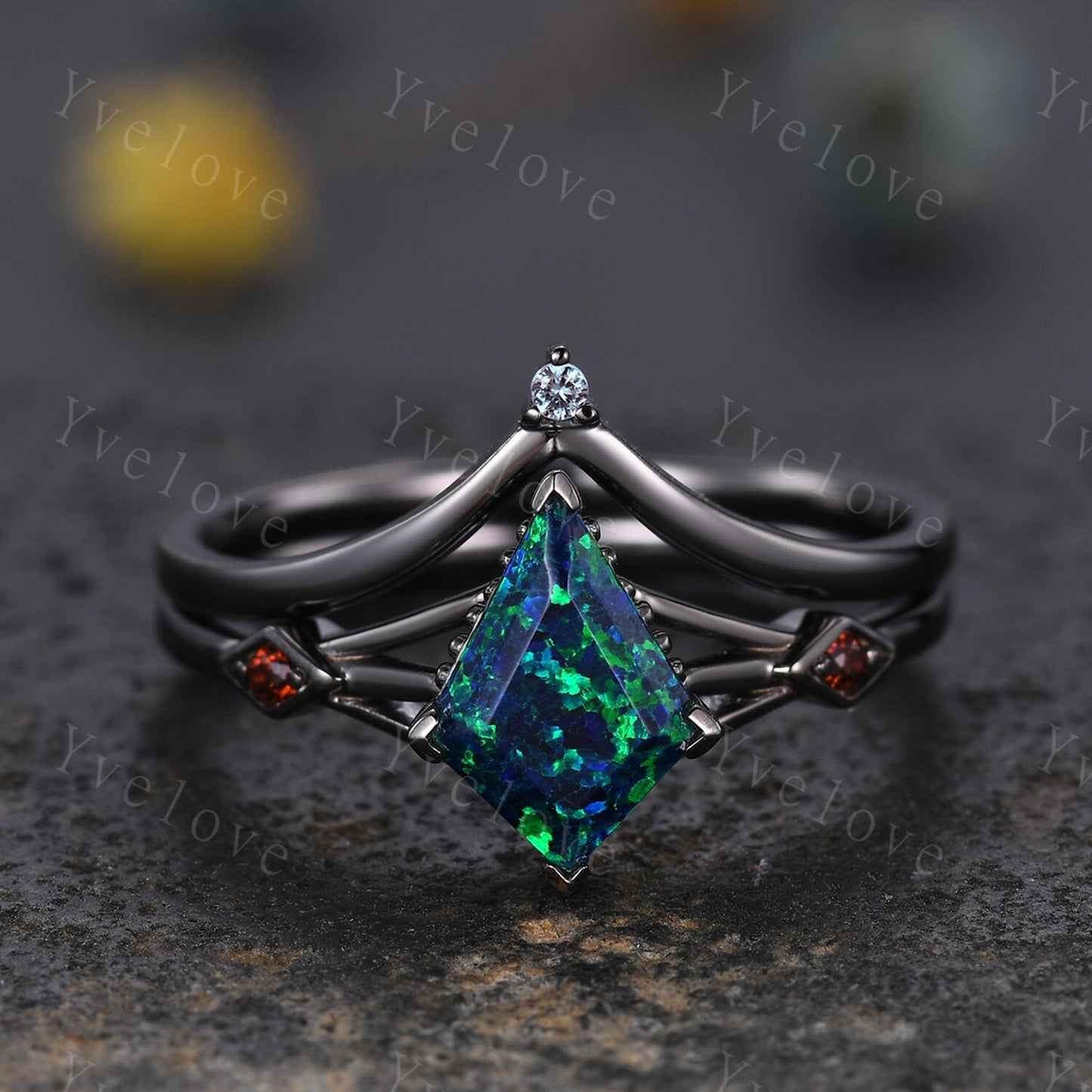 3PCS Vintage kite cut black opal engagement ring,garnet alexandrite ring,baguette sandstone,silver black ring,gothic unique ring set gift