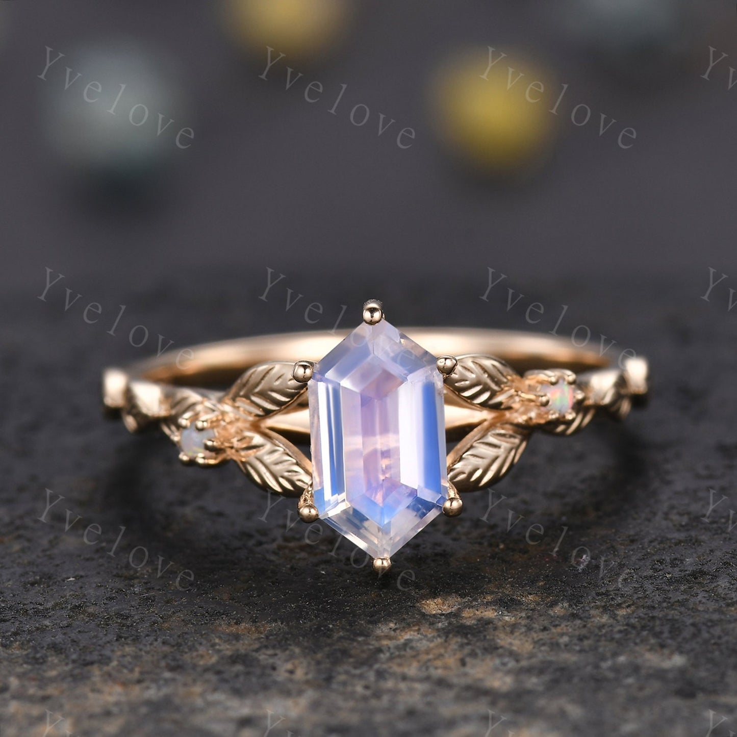 Vintage Hexagon Moonstone Engagement Ring 14k Solid Gold Ring Antique Leaf White Opal Ring Matching Stacking Wedding Band Bridal Set Gift