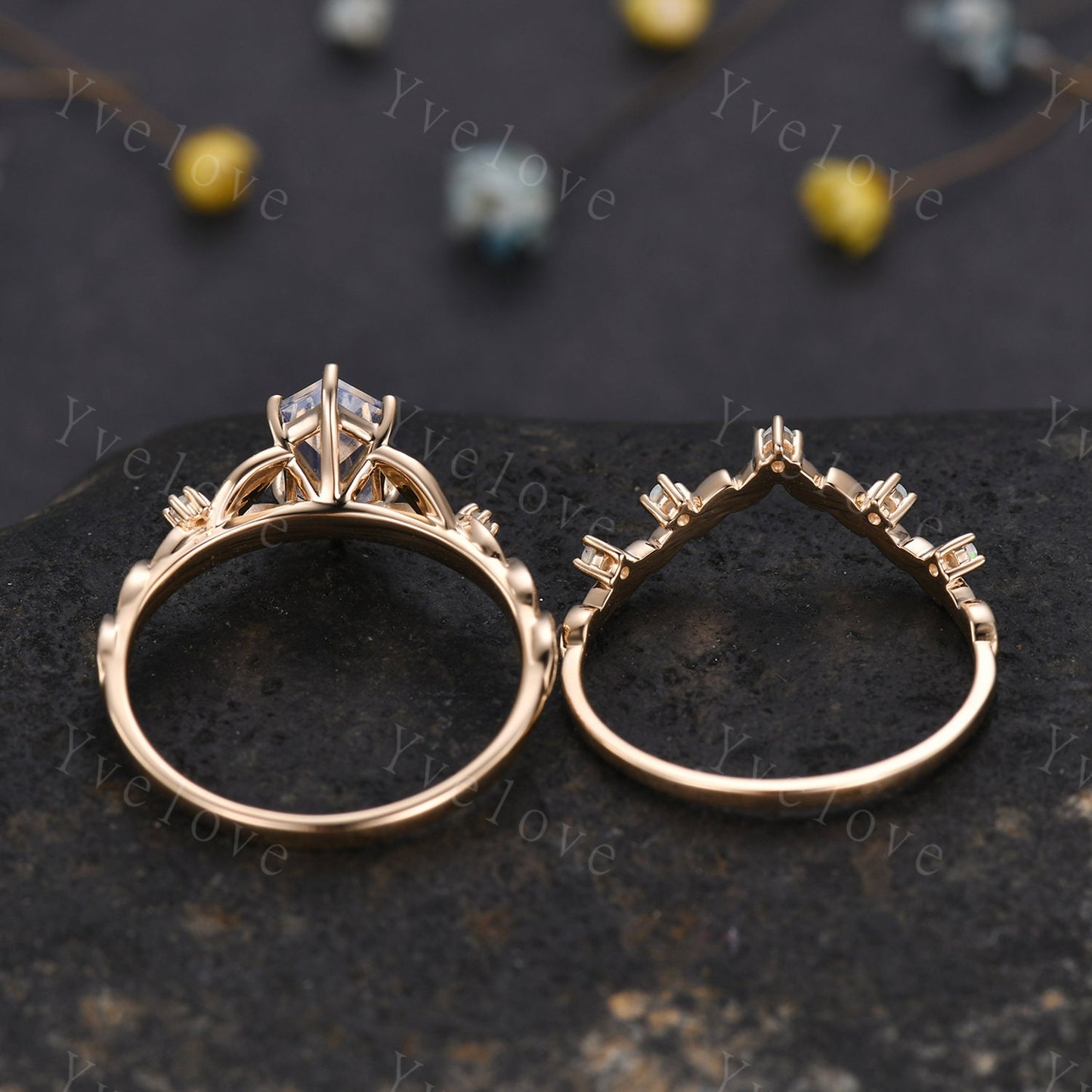 Vintage Hexagon White Opal Engagement Ring 14k Solid Gold Ring Cluster Leaf Opal Wedding Band Matching Stacking Ring Promise Gift Bridal Set