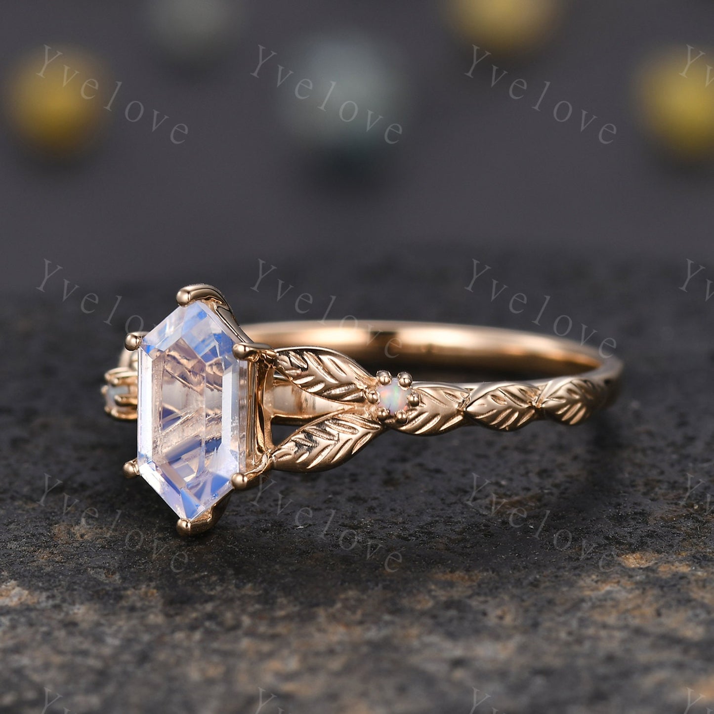 Vintage Hexagon Moonstone Engagement Ring 14k Solid Gold Ring Antique Leaf White Opal Ring Matching Stacking Wedding Band Bridal Set Gift
