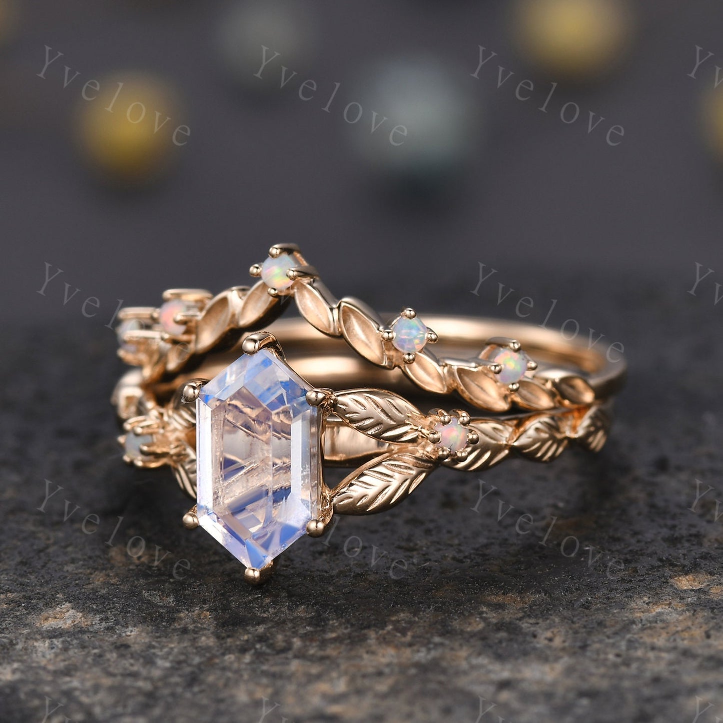 Vintage Hexagon Moonstone Engagement Ring 14k Solid Gold Ring Antique Leaf White Opal Ring Matching Stacking Wedding Band Bridal Set Gift