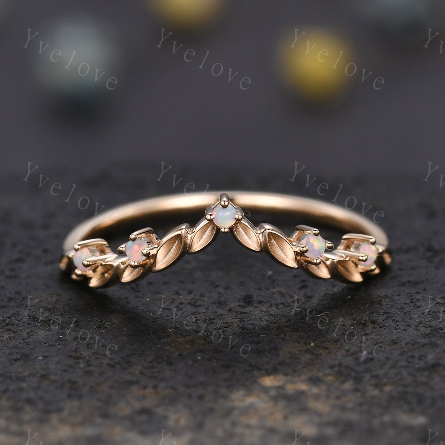 Vintage White Opal Engagement Ring,Leaf Matching Band,V Curved Stackable Ring Women Wedding Band,14k Gold Promise Ring Anniversary Gift