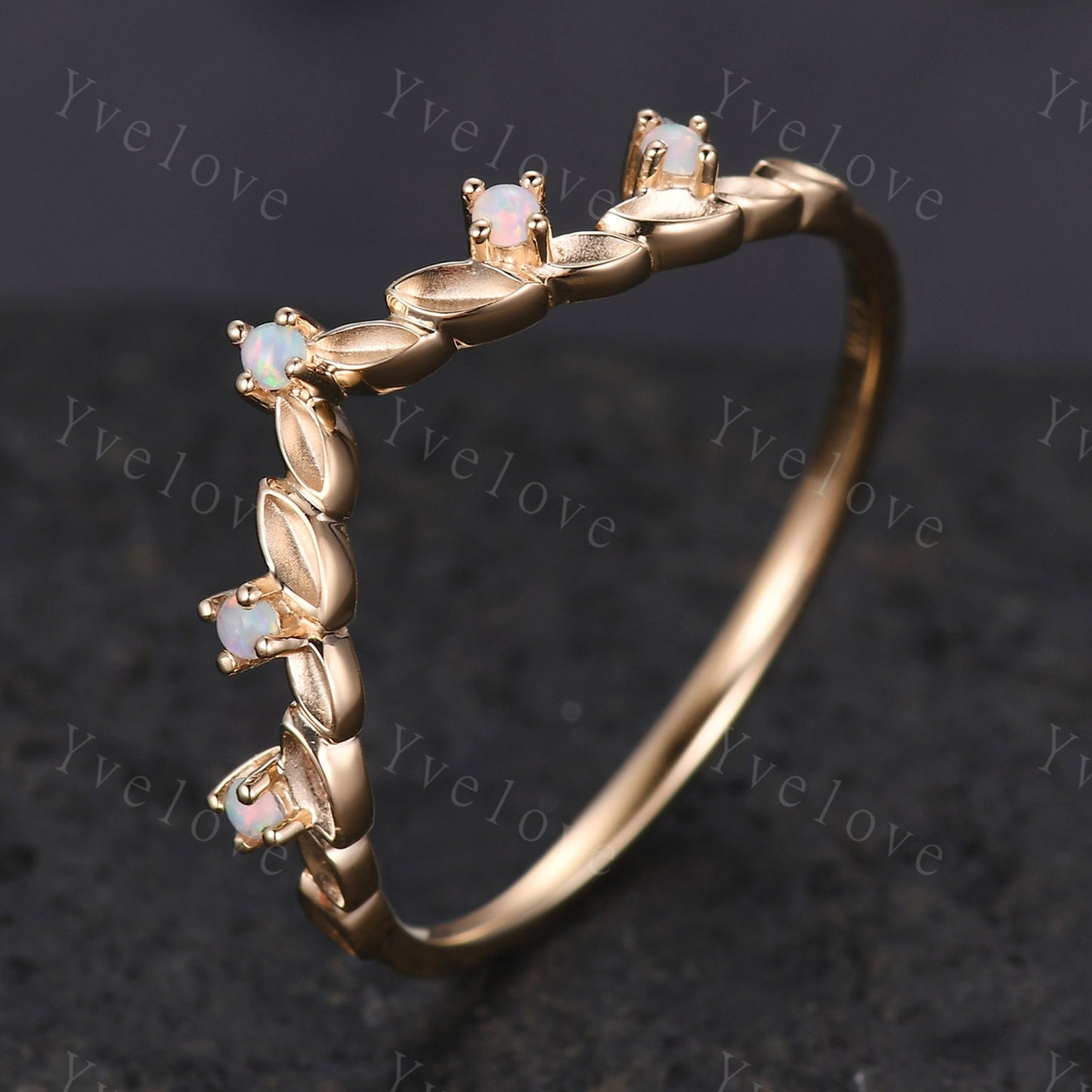 Vintage White Opal Engagement Ring,Leaf Matching Band,V Curved Stackable Ring Women Wedding Band,14k Gold Promise Ring Anniversary Gift