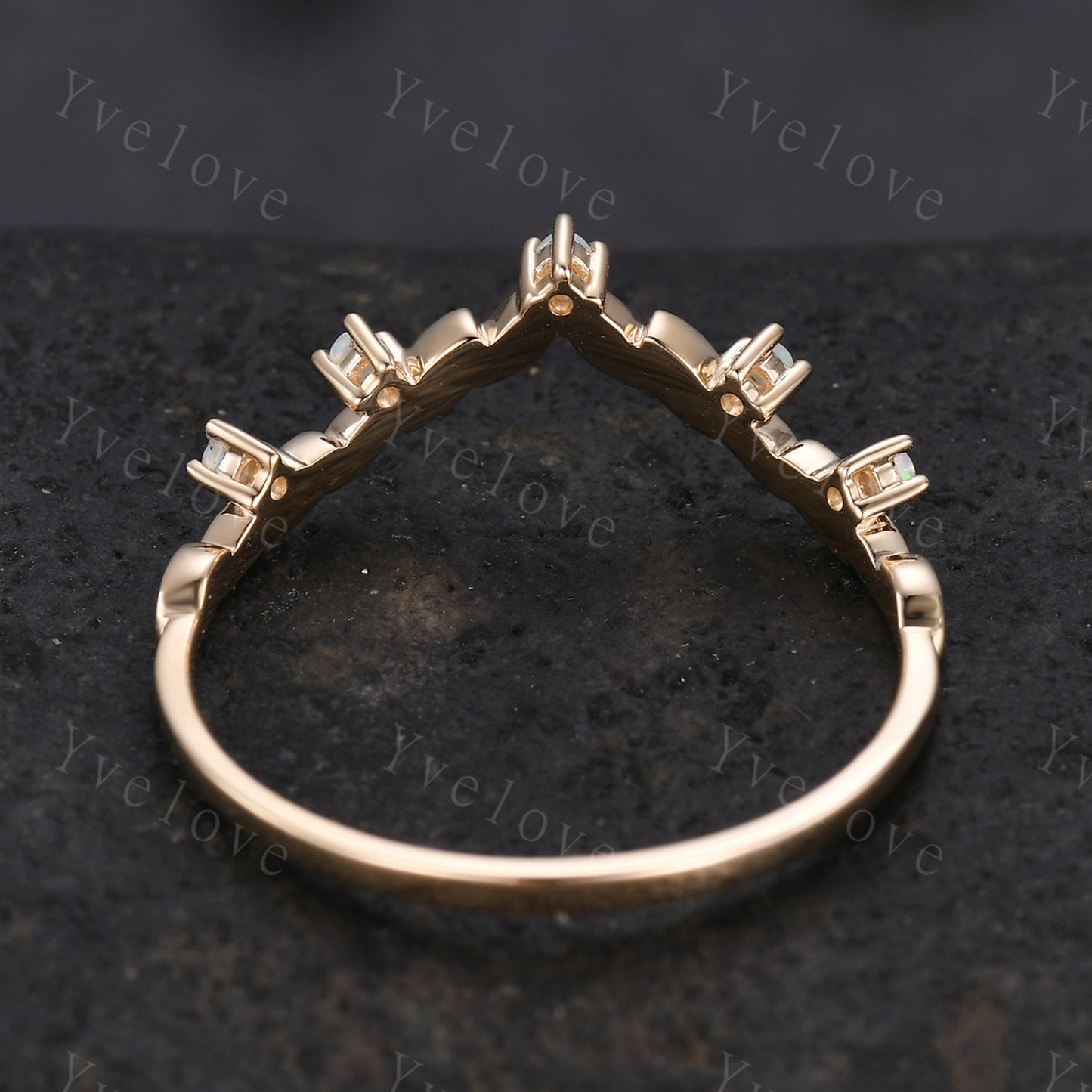 Vintage White Opal Engagement Ring,Leaf Matching Band,V Curved Stackable Ring Women Wedding Band,14k Gold Promise Ring Anniversary Gift