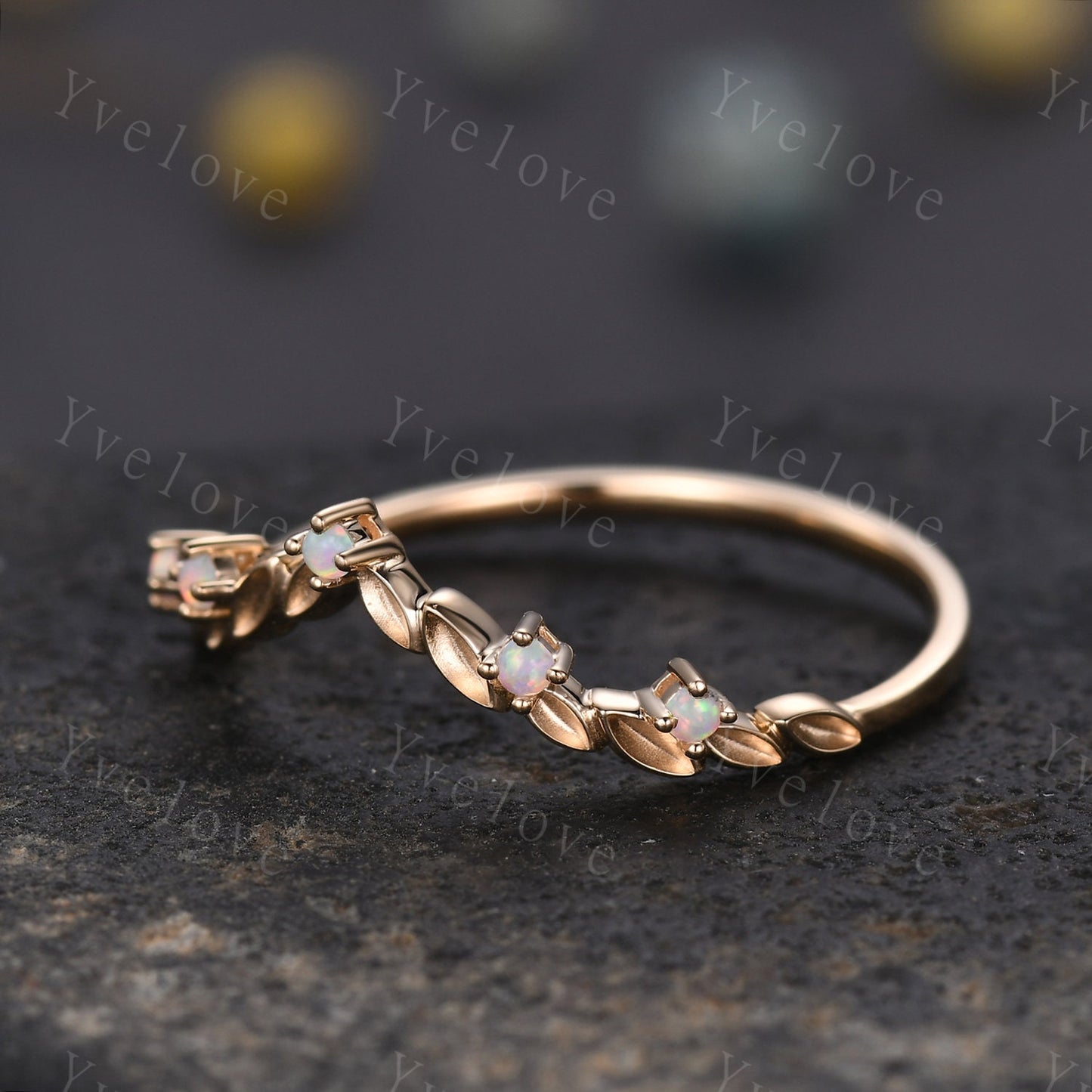 Vintage White Opal Engagement Ring,Leaf Matching Band,V Curved Stackable Ring Women Wedding Band,14k Gold Promise Ring Anniversary Gift