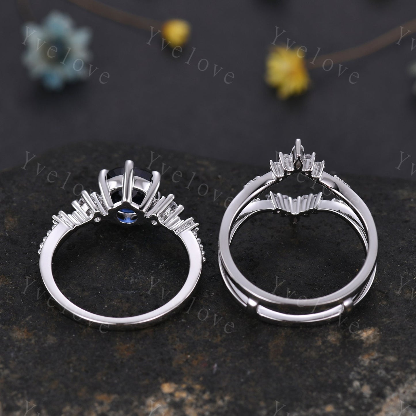 Unique Sapphire Ring Set,Blue Sapphire Engagement Ring,Enhancer Ring,Double Curved band,Women Bridal Matching Stacking Diamond Wedding Band