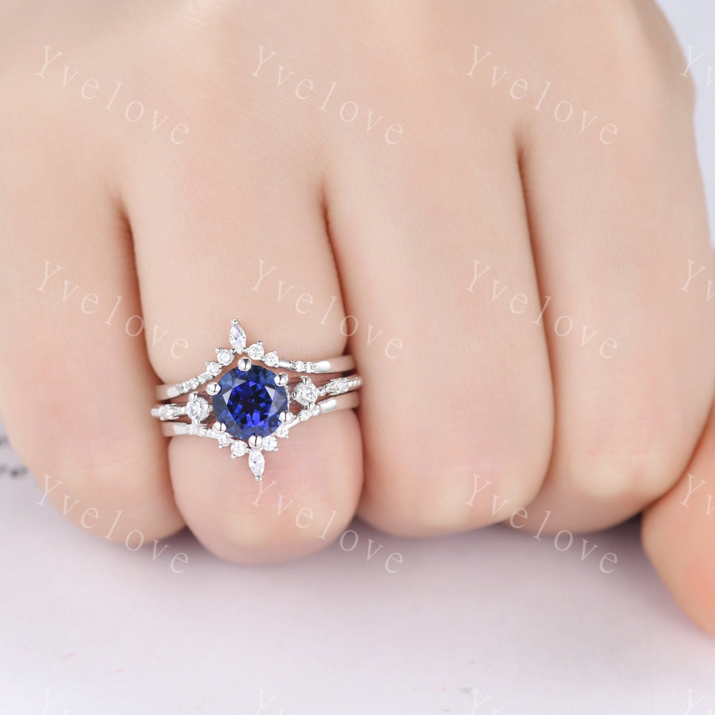 Unique Sapphire Ring Set,Blue Sapphire Engagement Ring,Enhancer Ring,Double Curved band,Women Bridal Matching Stacking Diamond Wedding Band