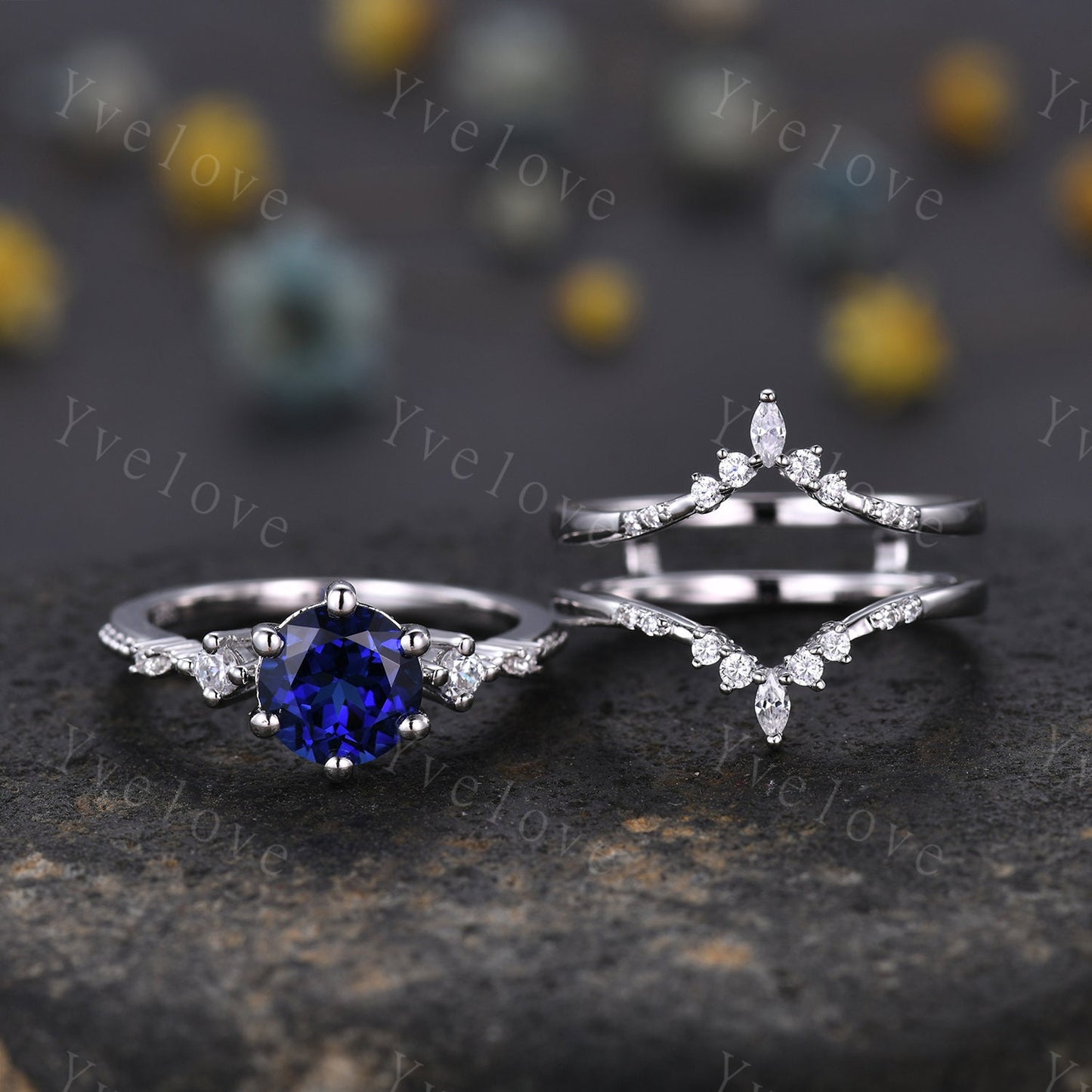 Unique Sapphire Ring Set,Blue Sapphire Engagement Ring,Enhancer Ring,Double Curved band,Women Bridal Matching Stacking Diamond Wedding Band