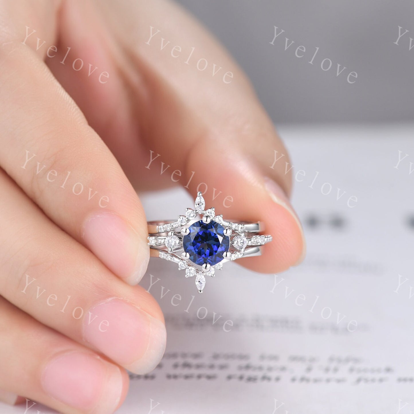 Unique Sapphire Ring Set,Blue Sapphire Engagement Ring,Enhancer Ring,Double Curved band,Women Bridal Matching Stacking Diamond Wedding Band