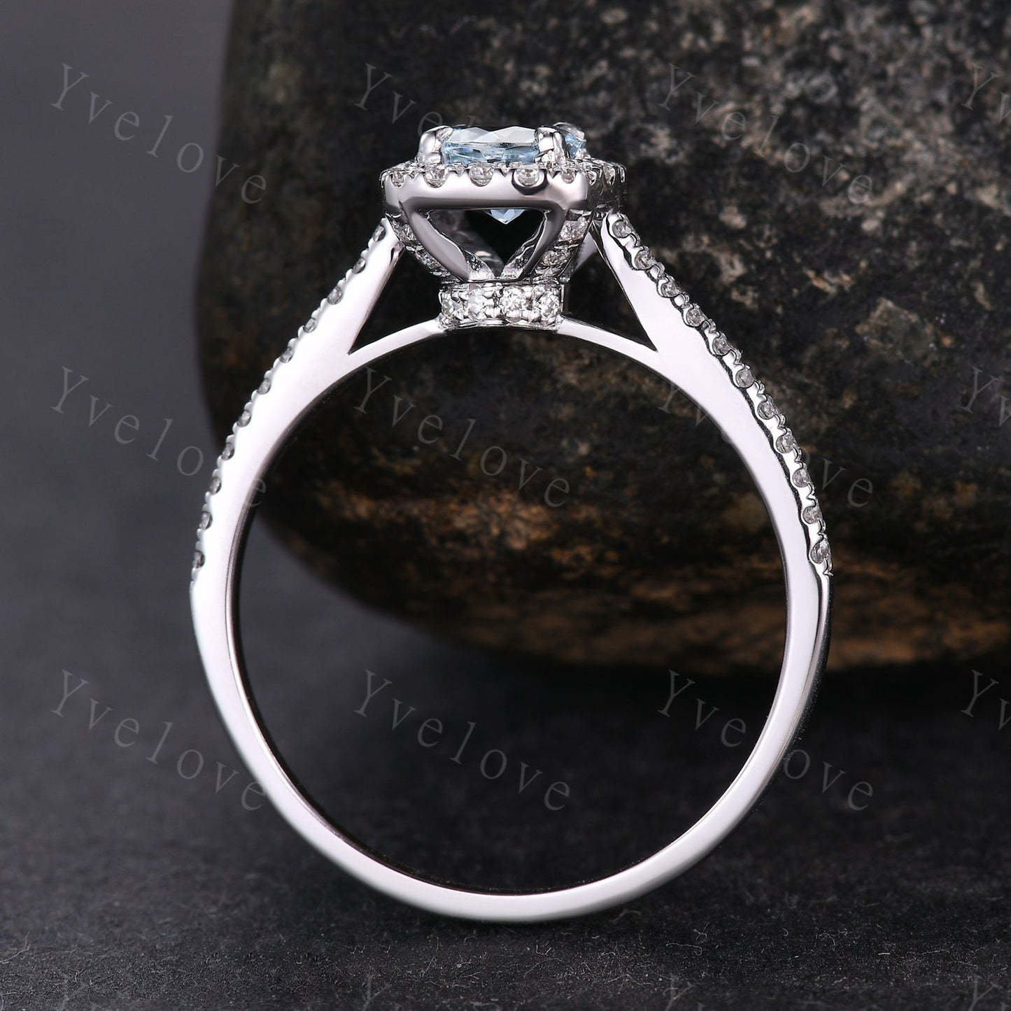 Hidden Halo aquamarine ring 5mm round cut aquamarine diamond engagement ring elegant promise anniversary ring March birthday present for her