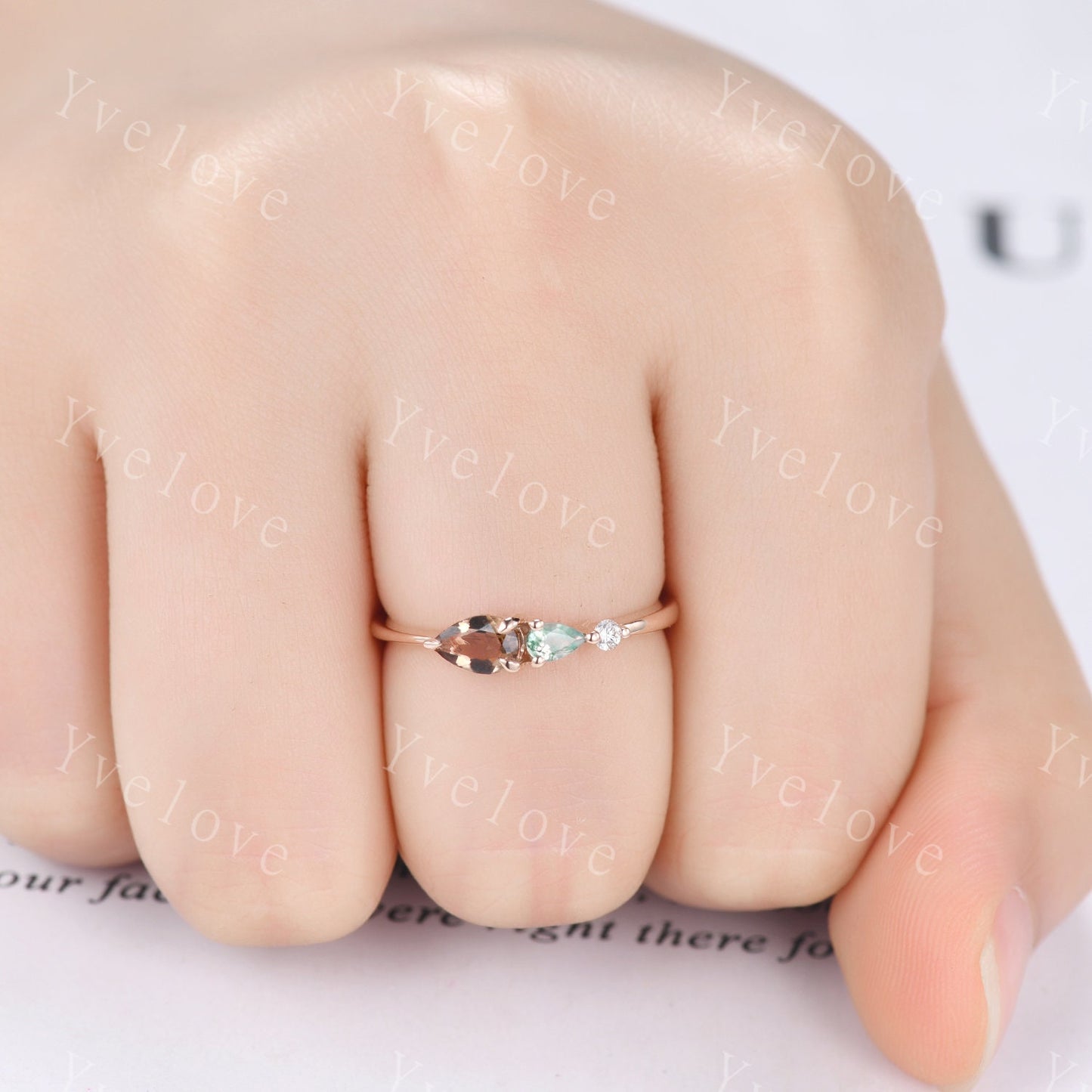Unique Smoky Quartz Engagement Ring,Pear Cut Moss Agate,Art Deco Moissanite Wedding Band,3 Stone Unique Women Bridal Promise Ring,Customized