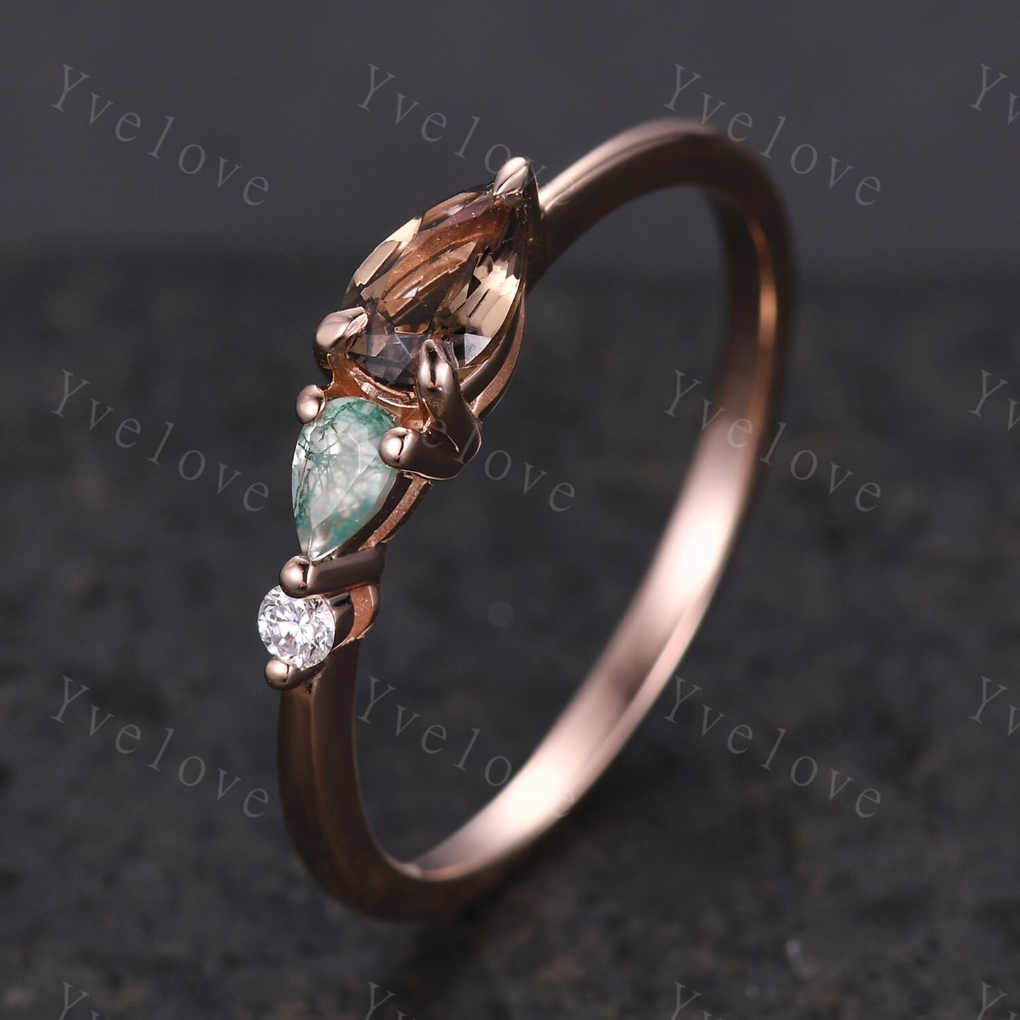 Unique Smoky Quartz Engagement Ring,Pear Cut Moss Agate,Art Deco Moissanite Wedding Band,3 Stone Unique Women Bridal Promise Ring,Customized