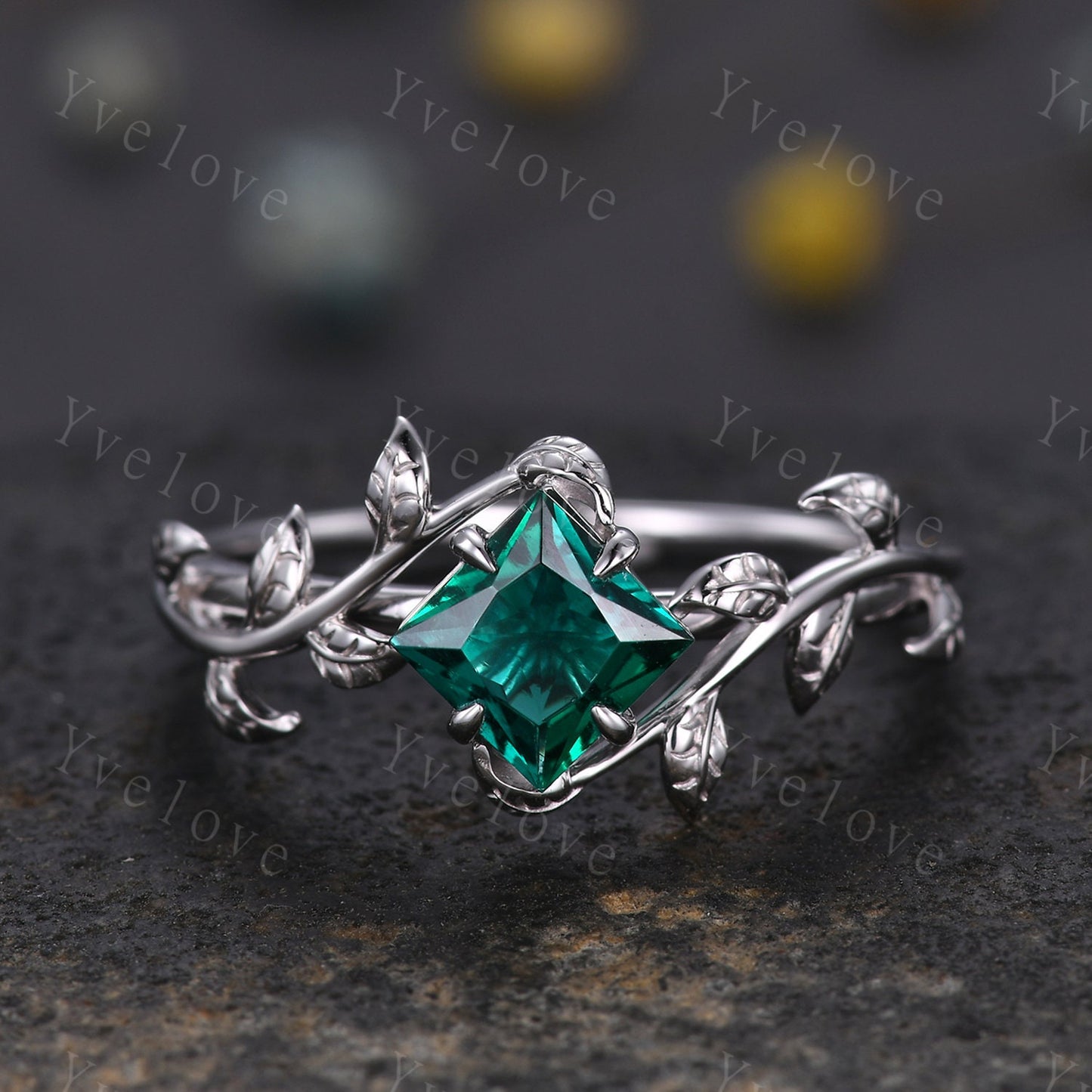 Princess Emerald Ring,Vintage Twig Vine Leaf Ring,Unique Emerald Engagement Ring,May birthstone Ring,Promise Anniversary Bridal Ring Gift
