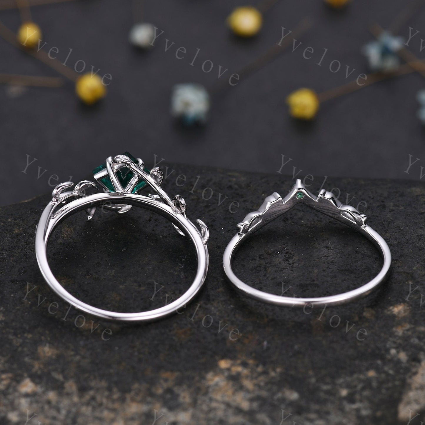 Princess Emerald Ring,Vintage Twig Vine Leaf Ring,Unique Emerald Engagement Ring,May birthstone Ring,Promise Anniversary Bridal Ring Gift
