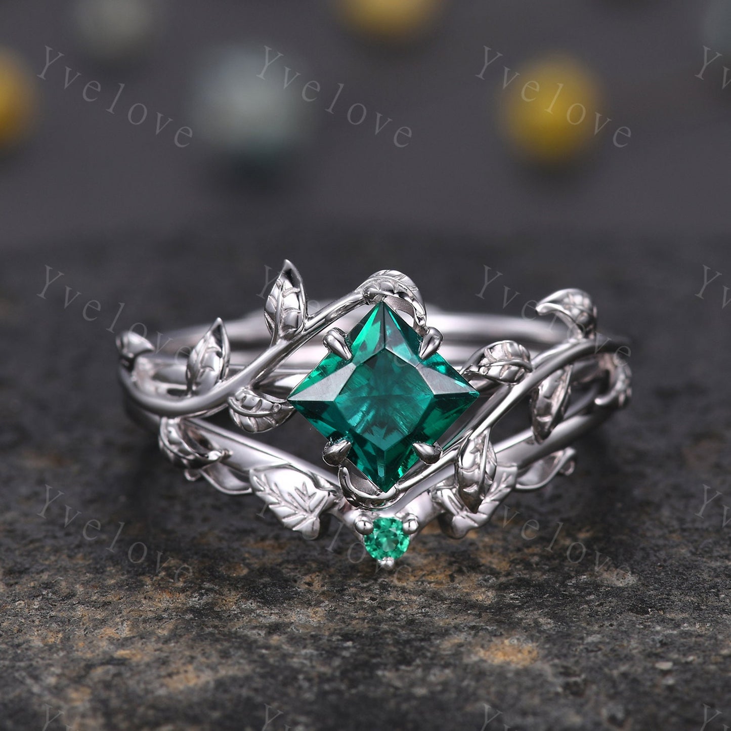 Princess Emerald Ring,Vintage Twig Vine Leaf Ring,Unique Emerald Engagement Ring,May birthstone Ring,Promise Anniversary Bridal Ring Gift