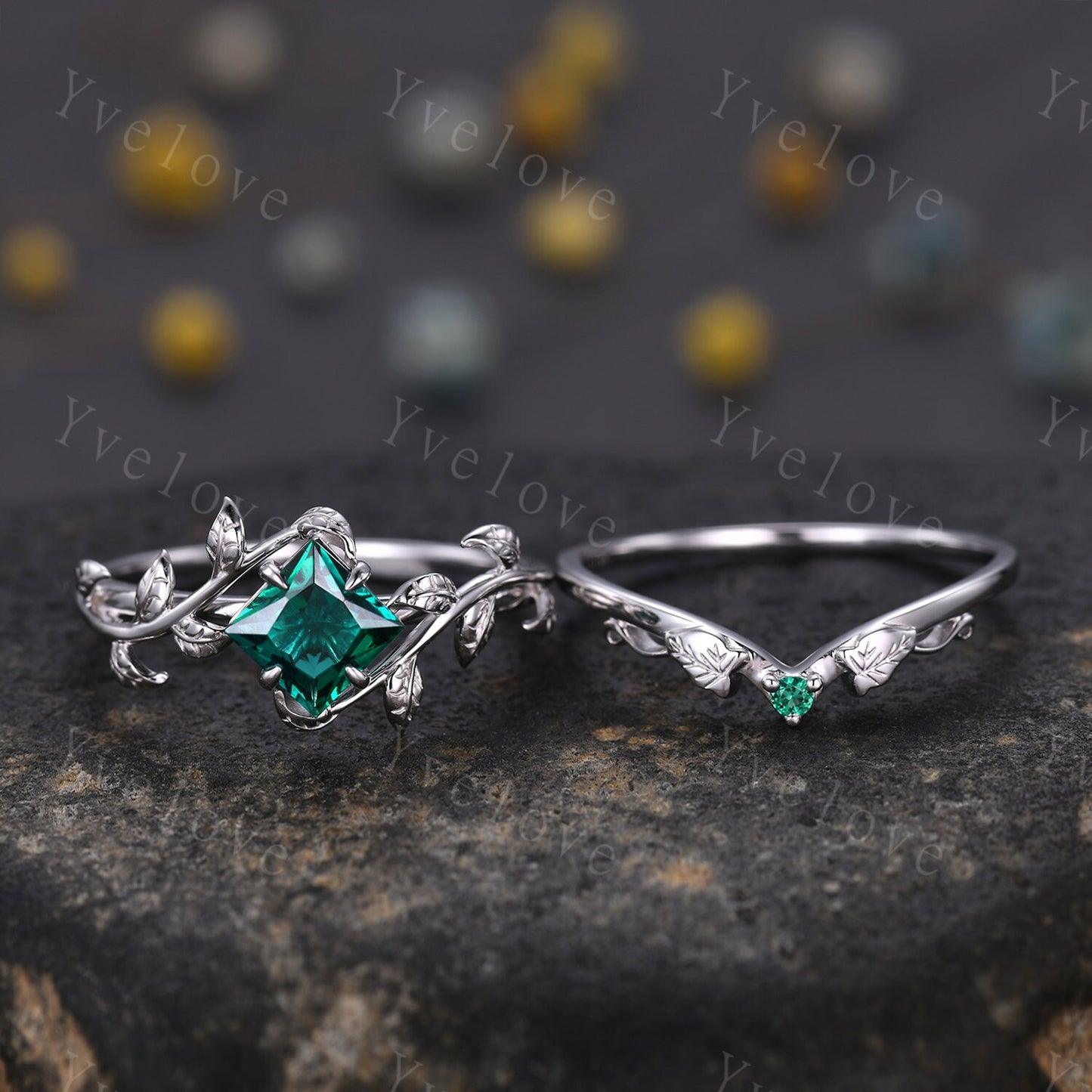 Princess Emerald Ring,Vintage Twig Vine Leaf Ring,Unique Emerald Engagement Ring,May birthstone Ring,Promise Anniversary Bridal Ring Gift