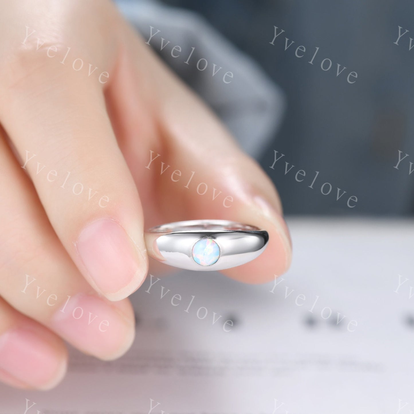 Men ring round cut white opal engagement ring 14k white plain gold wedding band mens promise ring anniversary ring father's gift customized