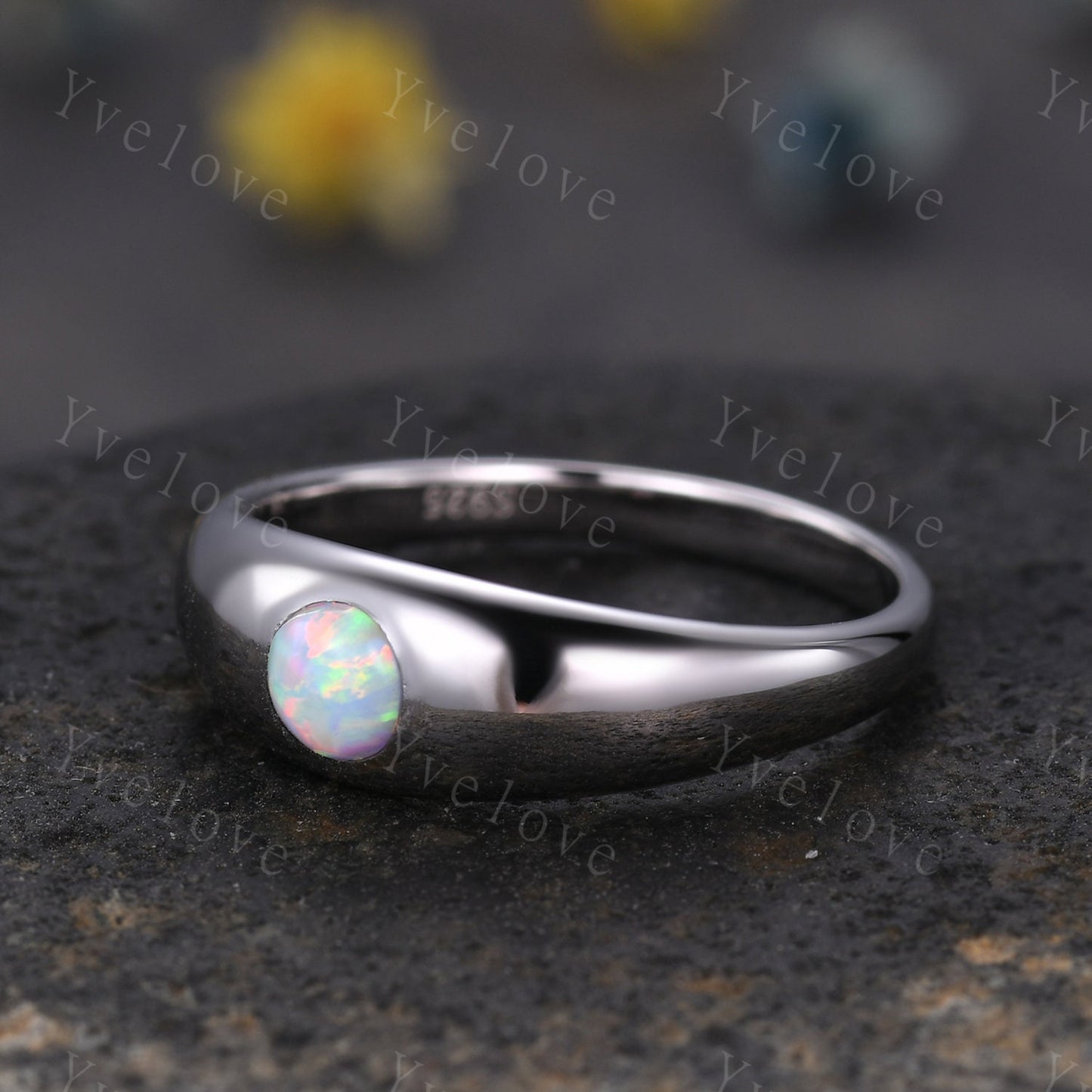 Men ring round cut white opal engagement ring 14k white plain gold wedding band mens promise ring anniversary ring father's gift customized