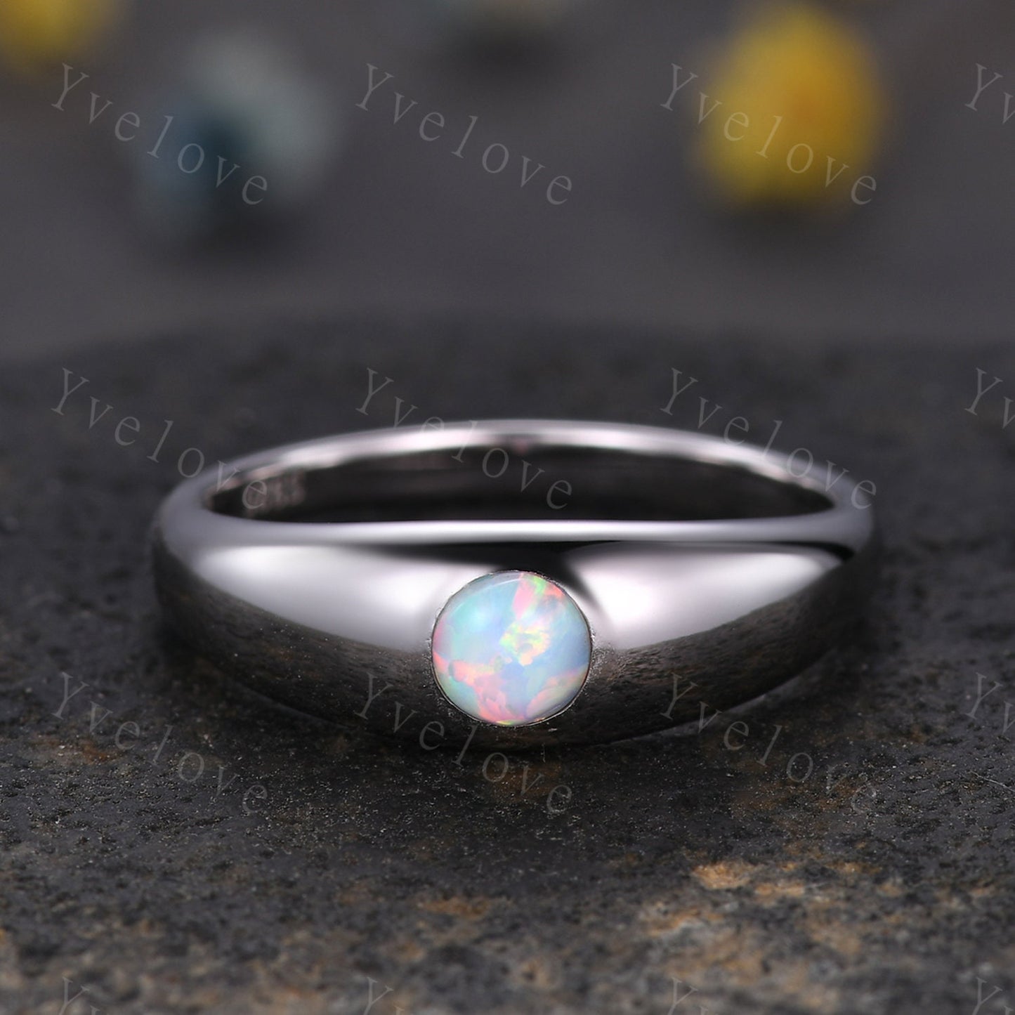Men ring round cut white opal engagement ring 14k white plain gold wedding band mens promise ring anniversary ring father's gift customized