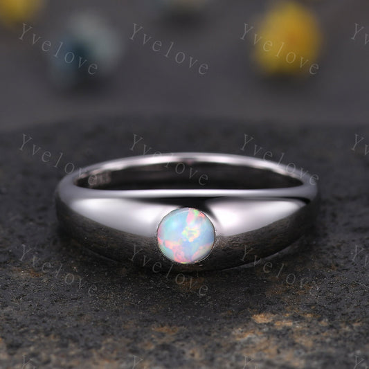 Men ring round cut white opal engagement ring 14k white plain gold wedding band mens promise ring anniversary ring father's gift customized