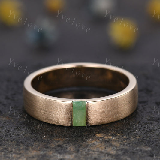 Mens Jade Wedding Band Baguette Cut Green Jade Band 5mm Solid Gold Ring Mens brushed Stacking Matching Band Retro Vintage Ring Gift for Him