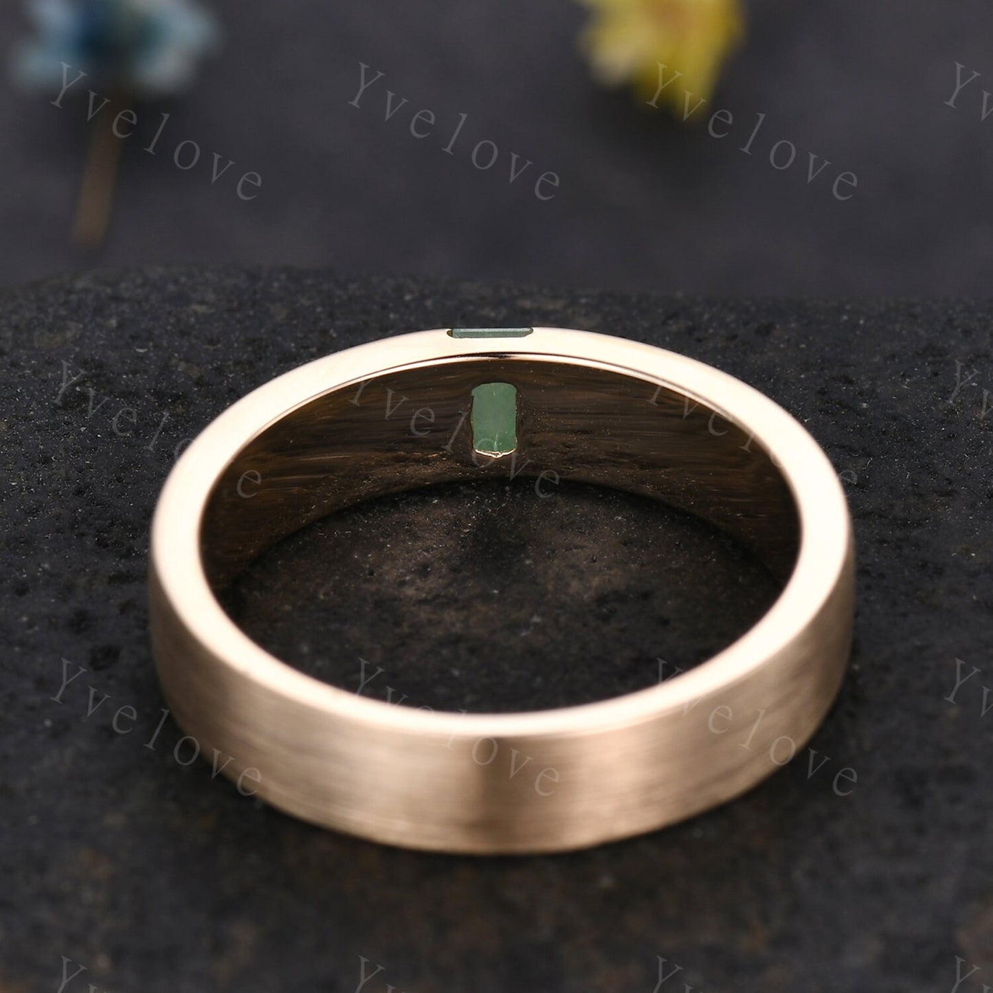Mens Jade Wedding Band Baguette Cut Green Jade Band 5mm Solid Gold Ring Mens brushed Stacking Matching Band Retro Vintage Ring Gift for Him