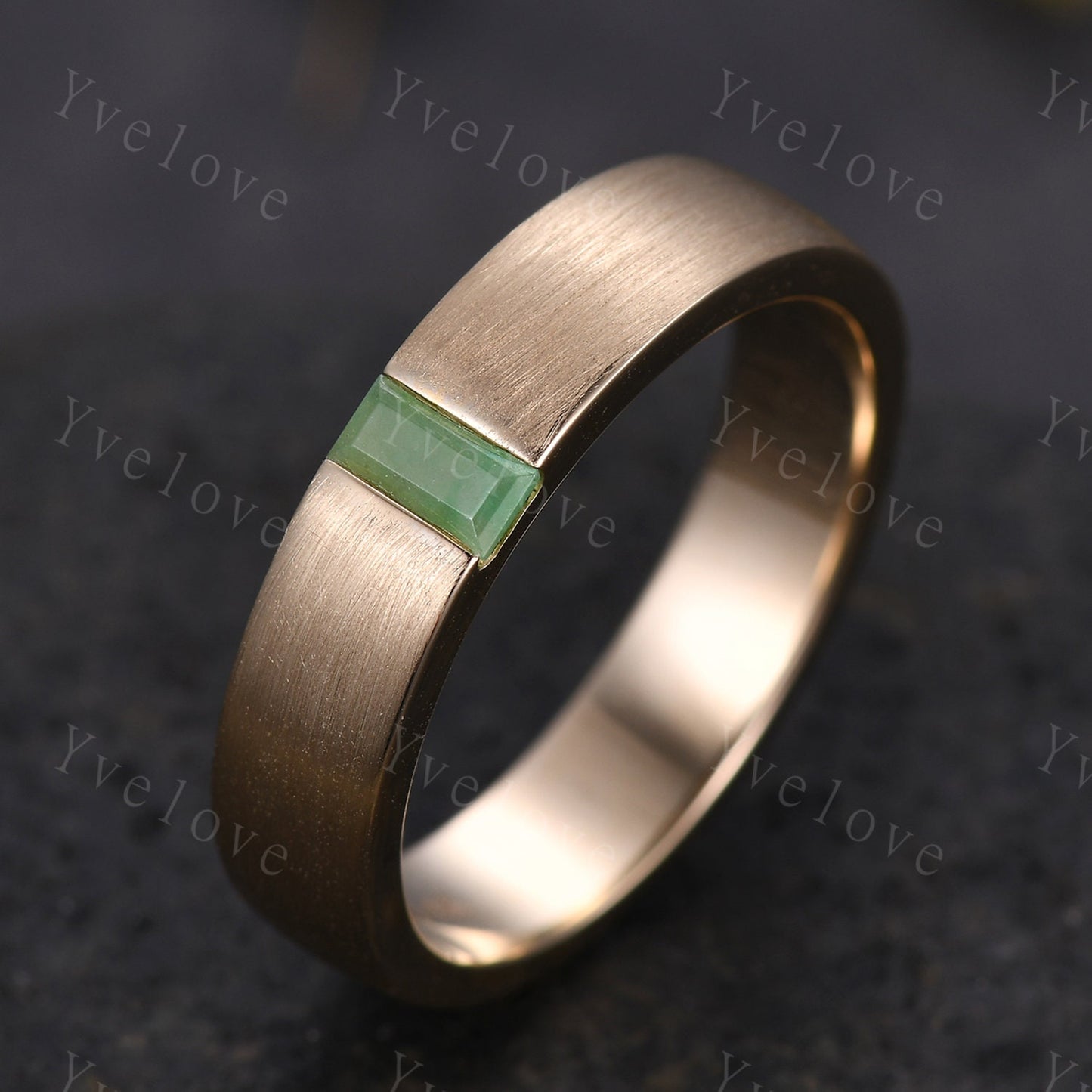 Mens Jade Wedding Band Baguette Cut Green Jade Band 5mm Solid Gold Ring Mens brushed Stacking Matching Band Retro Vintage Ring Gift for Him