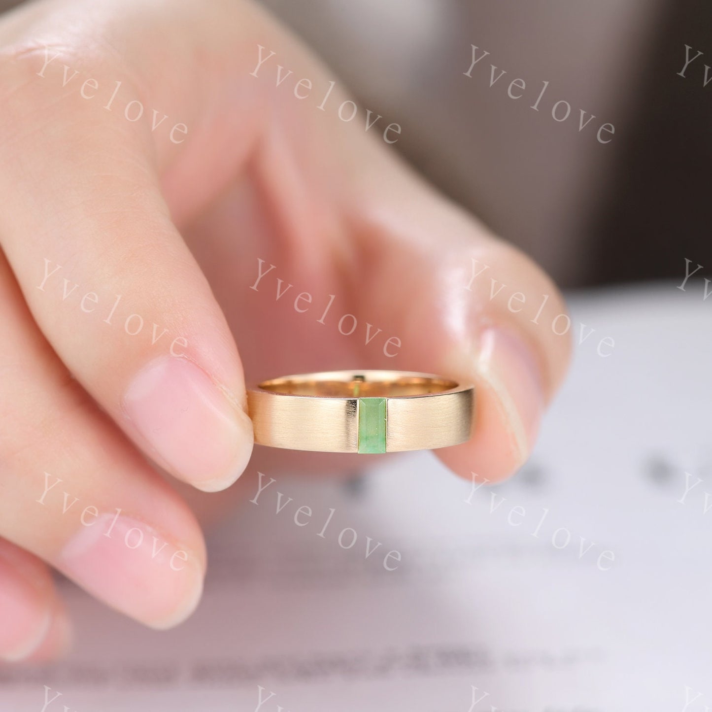 Mens Jade Wedding Band Baguette Cut Green Jade Band 5mm Solid Gold Ring Mens brushed Stacking Matching Band Retro Vintage Ring Gift for Him