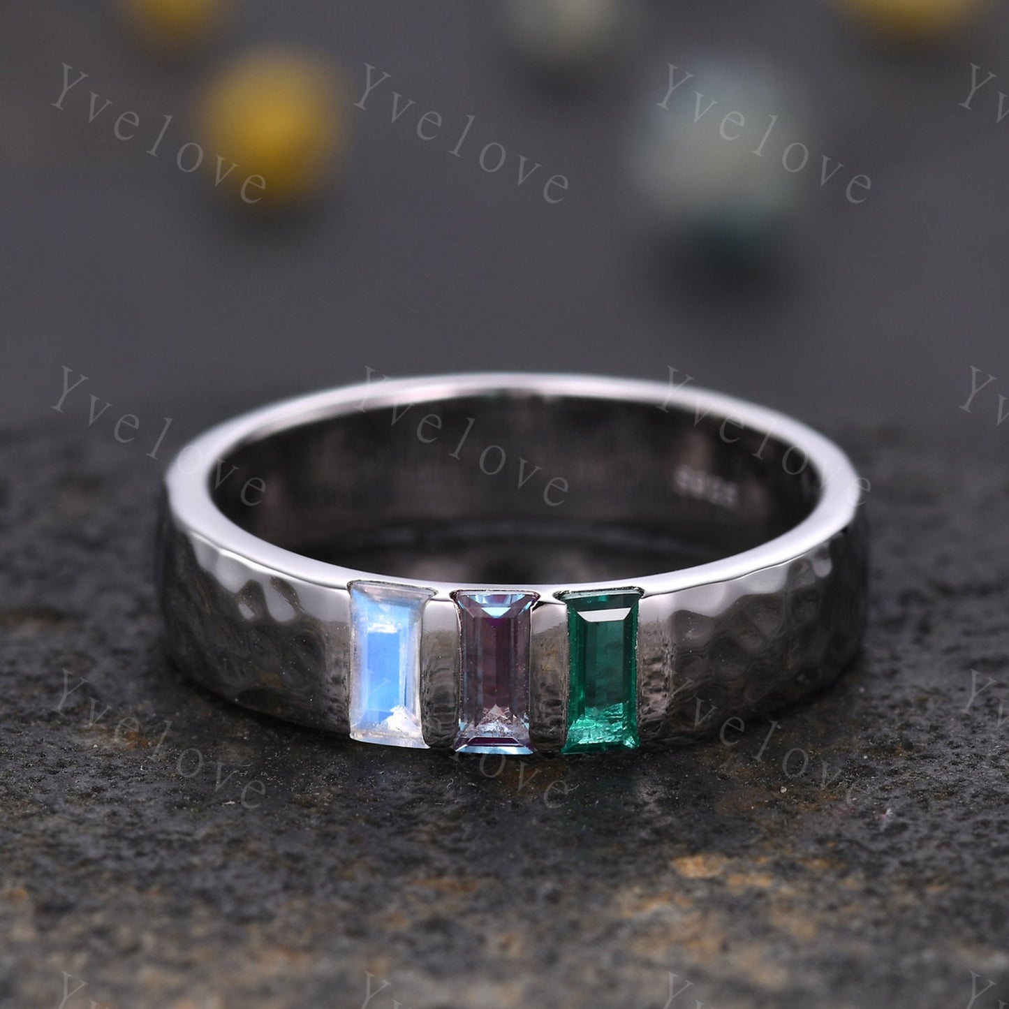 Mens Alexandrite Moonstone Wedding Band Baguette Cut Emerald Band 5mm White Gold Ring Mens Hammered Stacking Matching Band Vintage Mens Gift