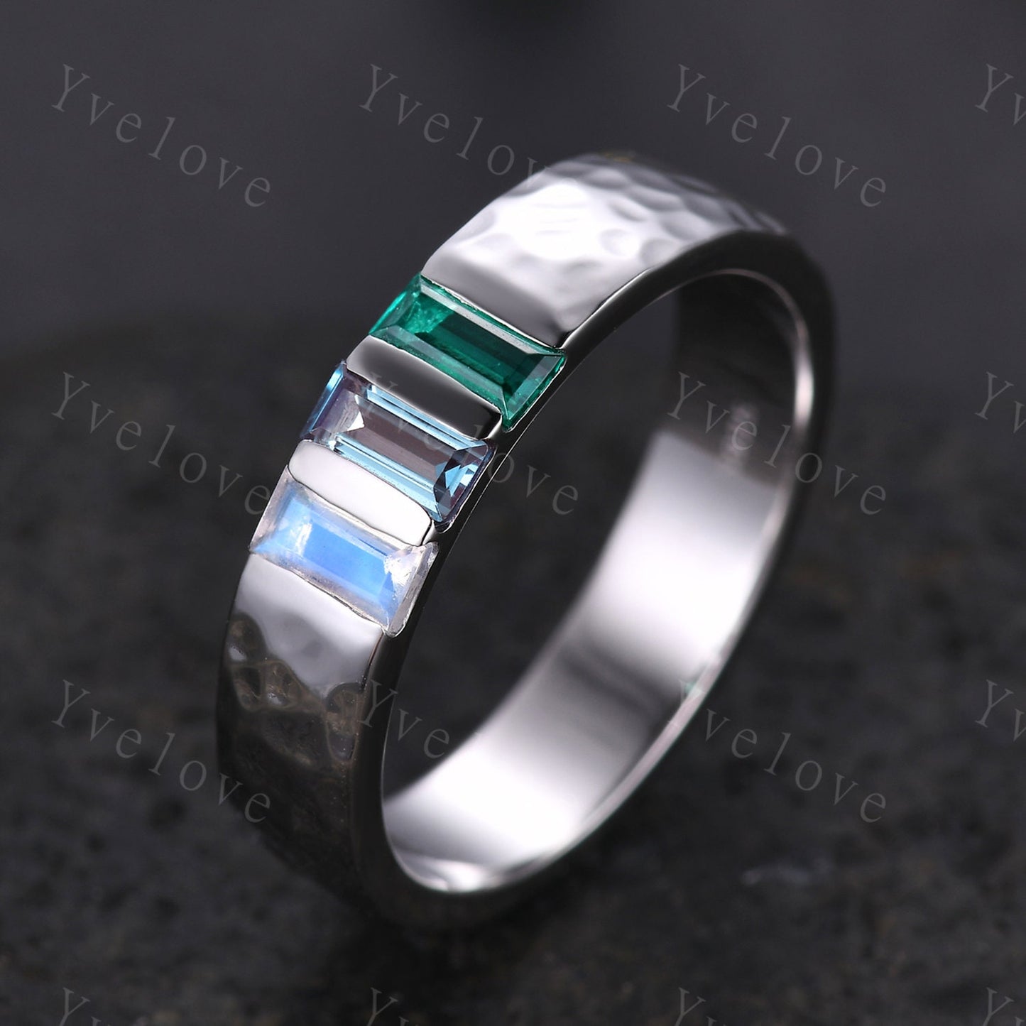 Mens Alexandrite Moonstone Wedding Band Baguette Cut Emerald Band 5mm White Gold Ring Mens Hammered Stacking Matching Band Vintage Mens Gift