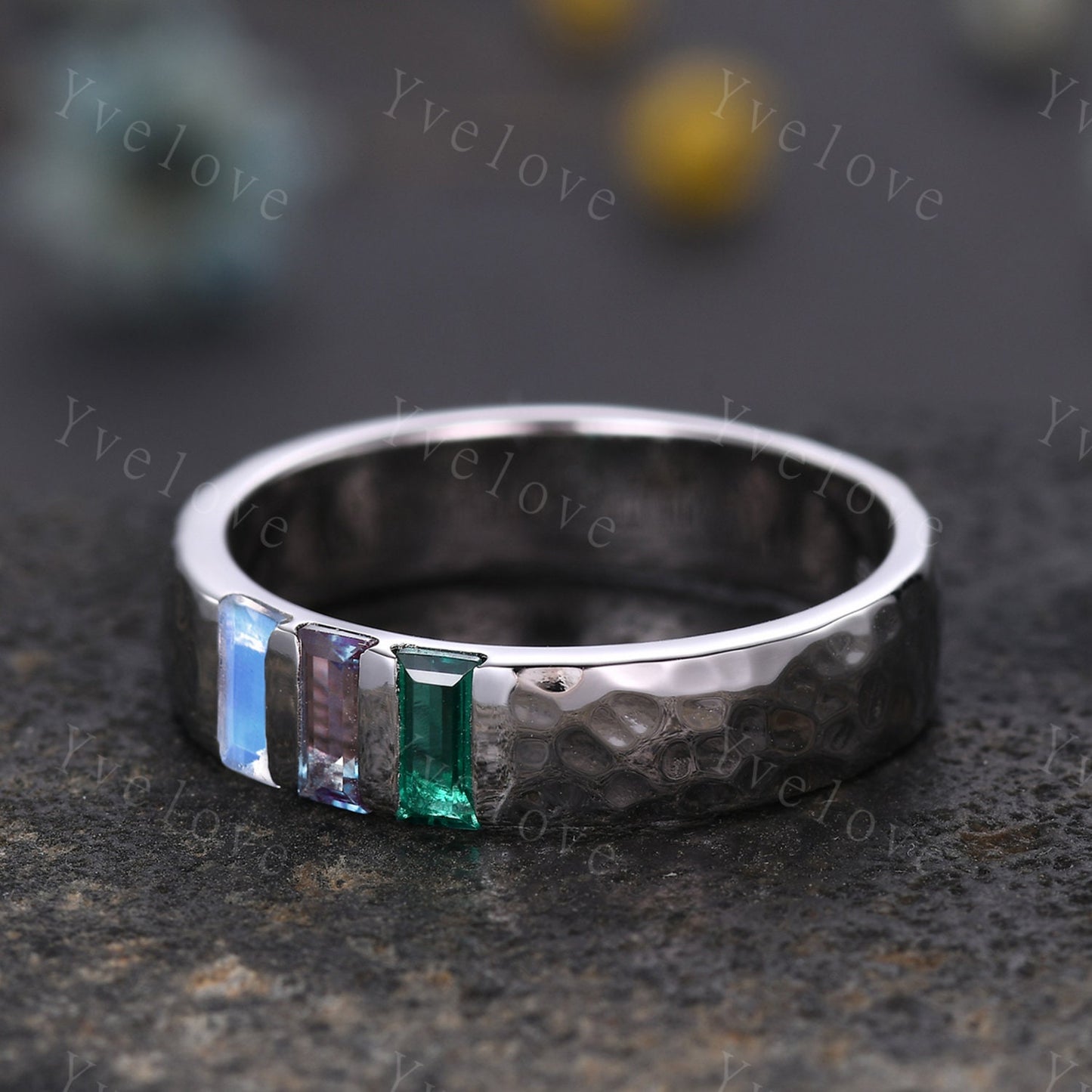Mens Alexandrite Moonstone Wedding Band Baguette Cut Emerald Band 5mm White Gold Ring Mens Hammered Stacking Matching Band Vintage Mens Gift