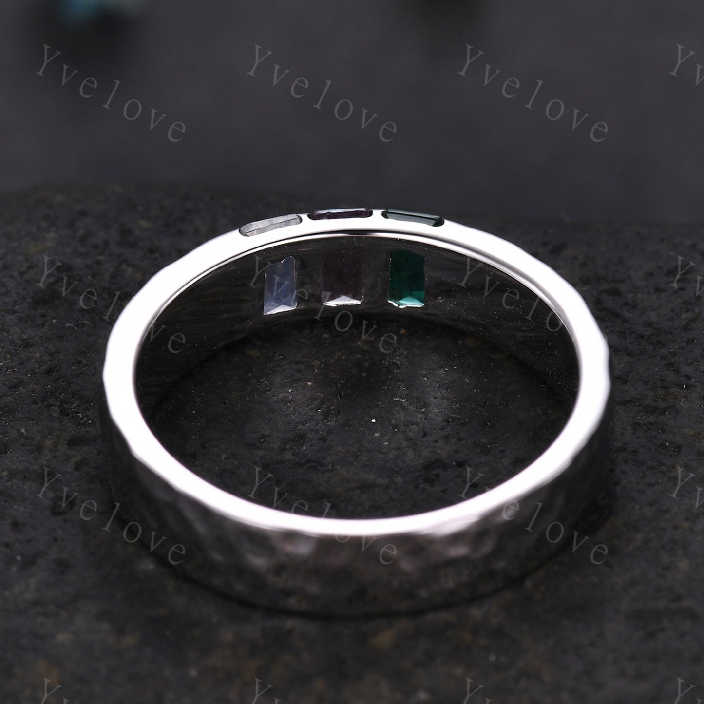 Mens Alexandrite Moonstone Wedding Band Baguette Cut Emerald Band 5mm White Gold Ring Mens Hammered Stacking Matching Band Vintage Mens Gift